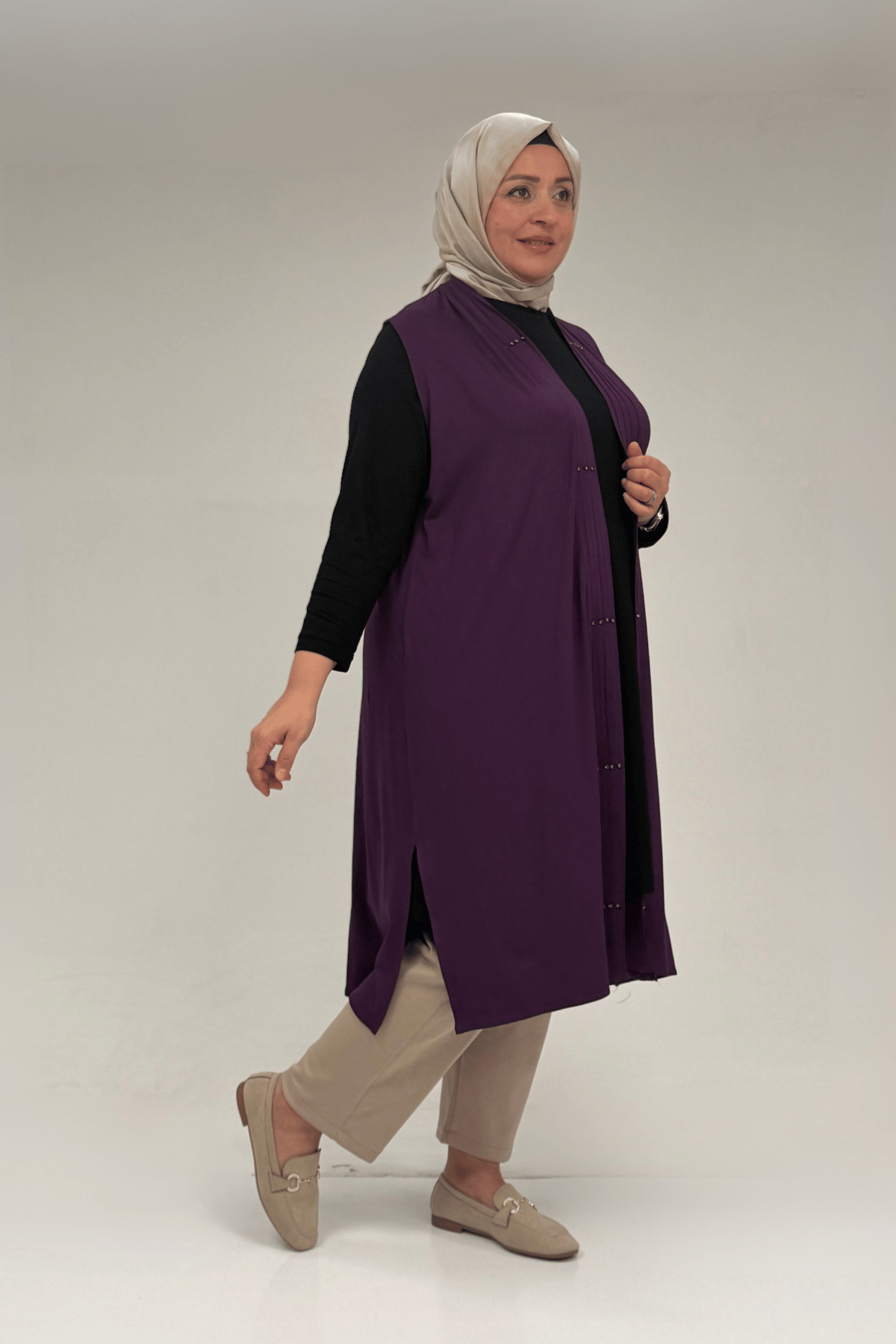 54005 Büyük Beden Patı Pileli Giy Çık Yelek - Mor