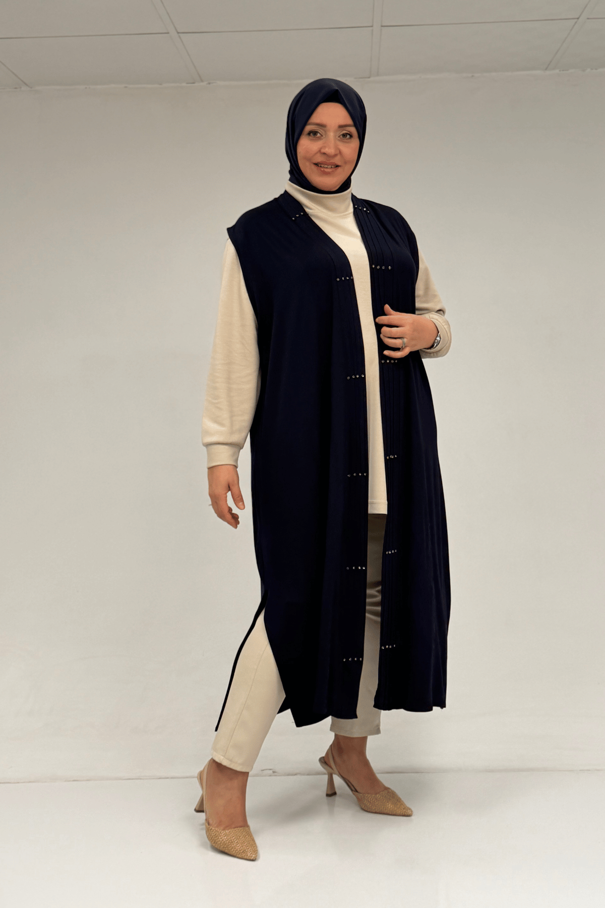 54005 Büyük Beden Patı Pileli Giy Çık Yelek - Lacivert