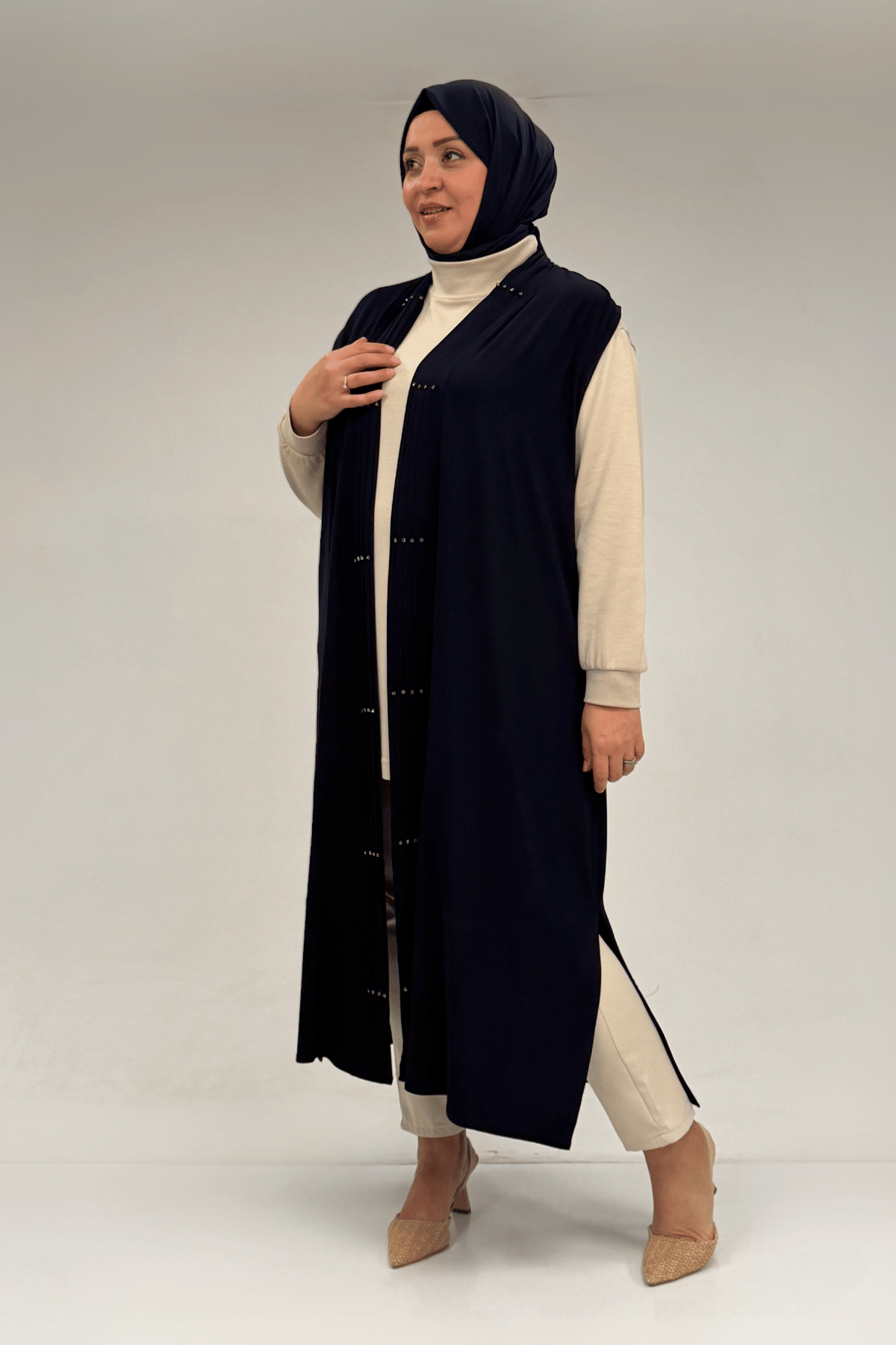 54005 Büyük Beden Patı Pileli Giy Çık Yelek - Lacivert