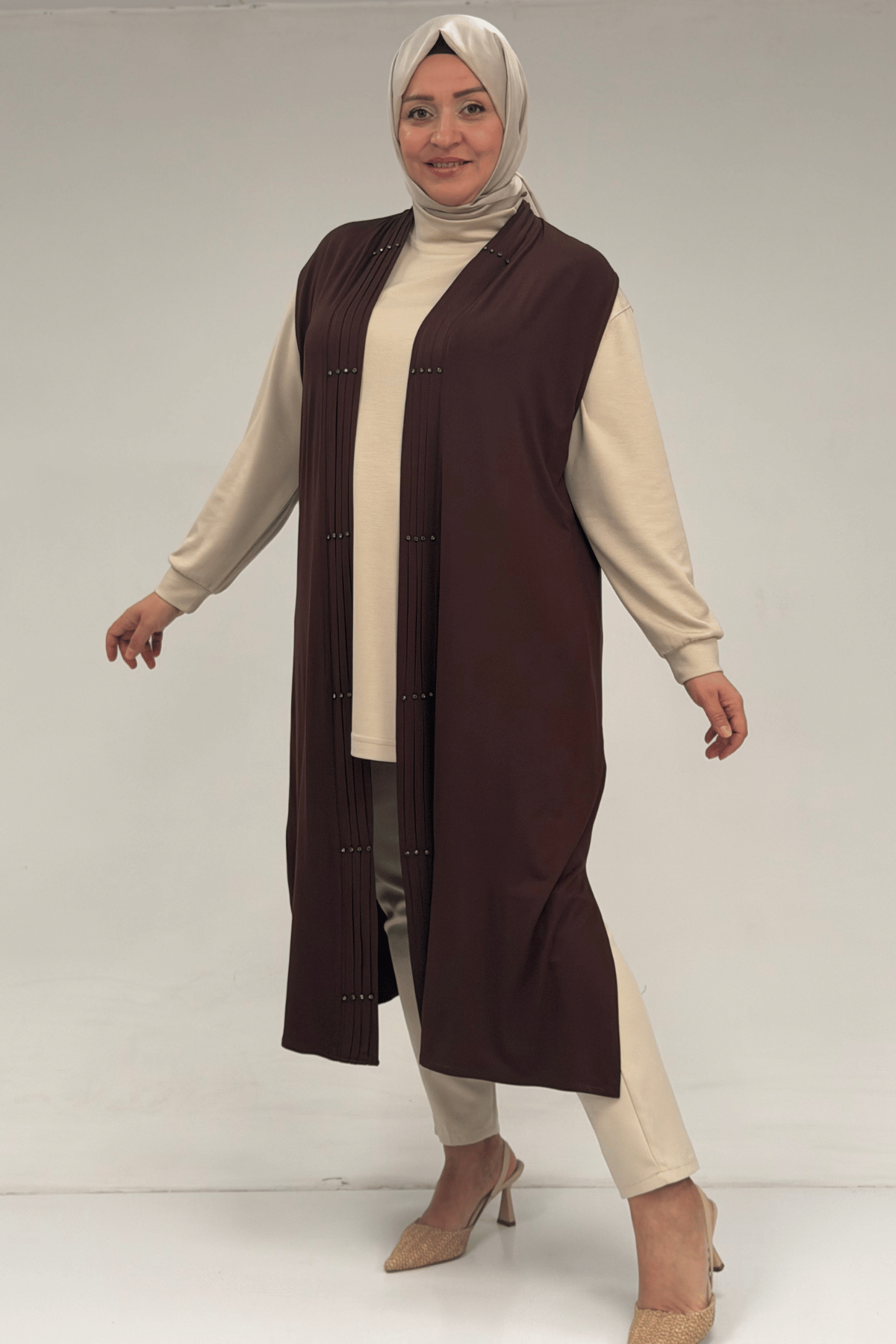 54005 Büyük Beden Patı Pileli Giy Çık Yelek - Kahve