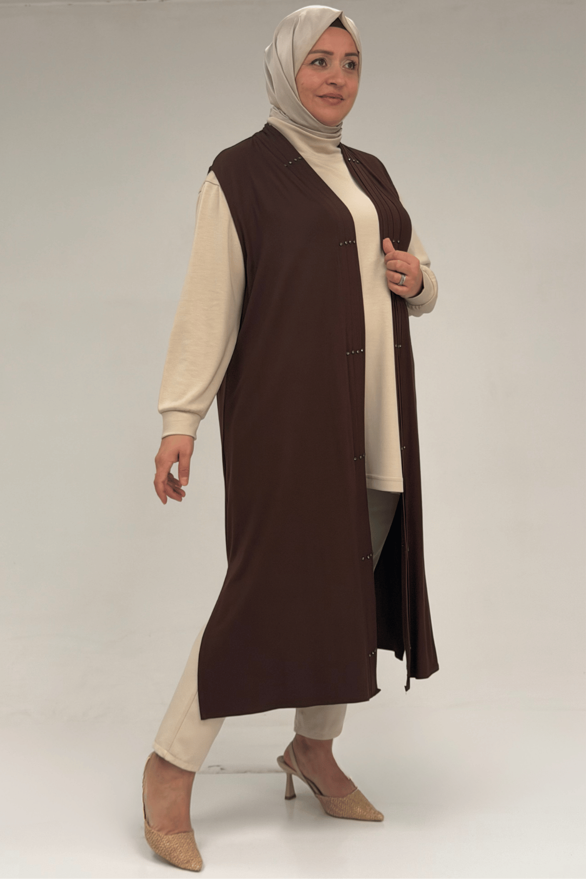 54005 Büyük Beden Patı Pileli Giy Çık Yelek - Kahve