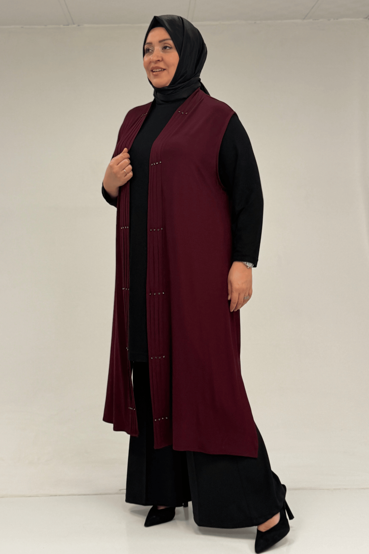 54005 Büyük Beden Patı Pileli Giy Çık Yelek - Bordo