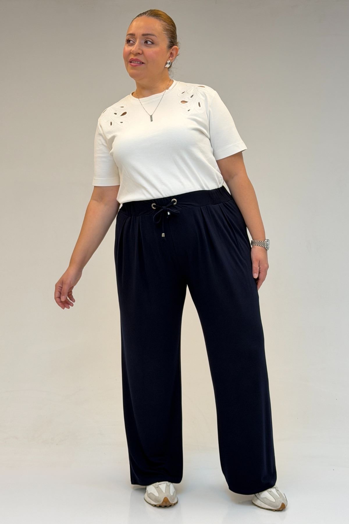 59002 Büyük Beden Pile Detaylı Penye Pantolon - Lacivert