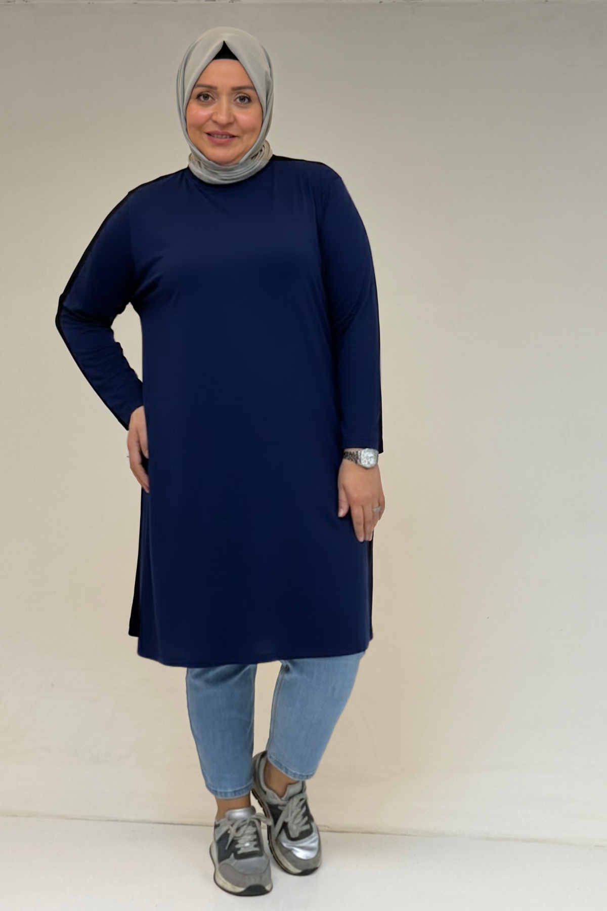 38501 Plus Size Basic Combed Cotton Tunic - Navy Blue