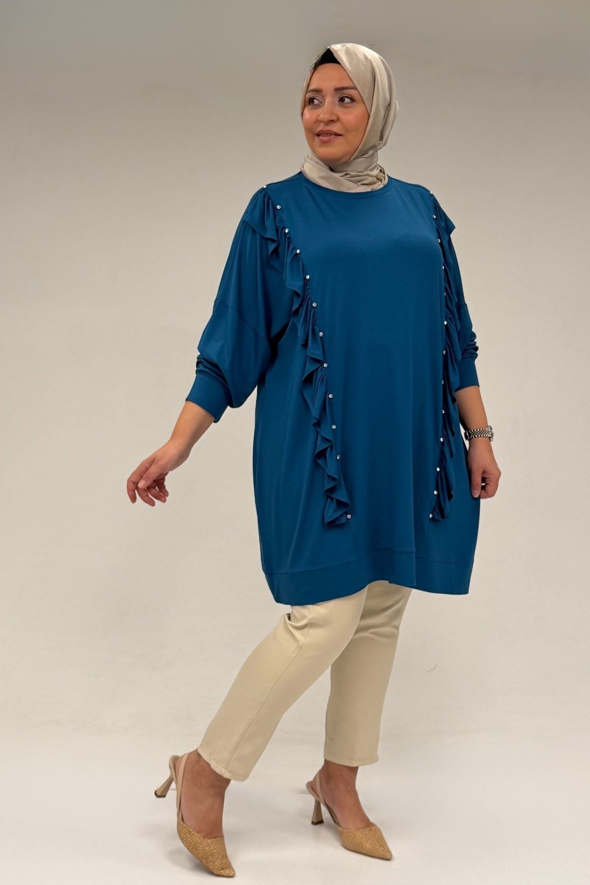58074 Büyük Beden Fırfır Ve Taş Detaylı Penye Tunik - Petrol