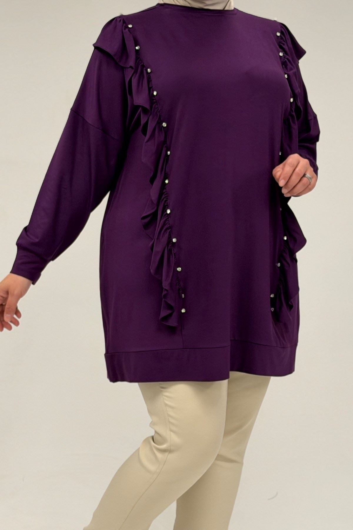 58074 Büyük Beden Fırfır Ve Taş Detaylı Penye Tunik - Mürdüm