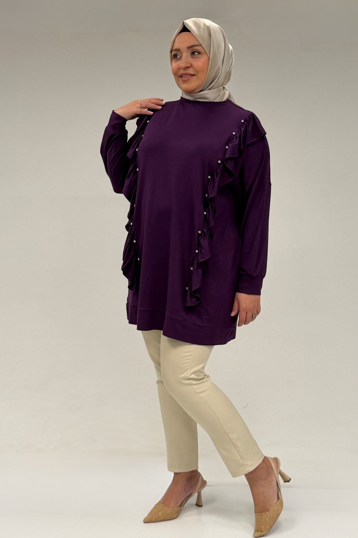 58074 Büyük Beden Fırfır Ve Taş Detaylı Penye Tunik - Mürdüm