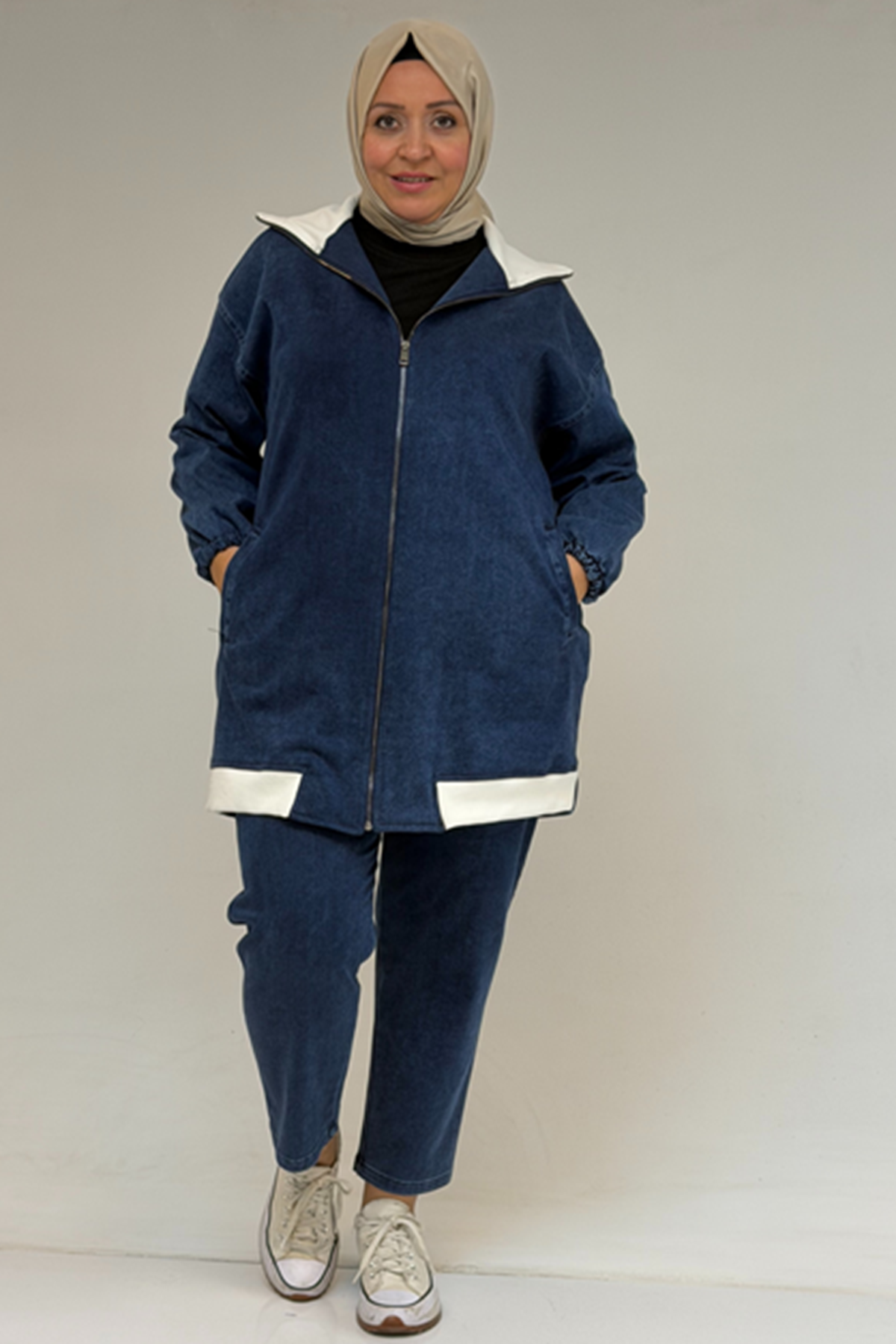 D-57081 Büyük Beden İki İplik Kot Ceket - Lacivert