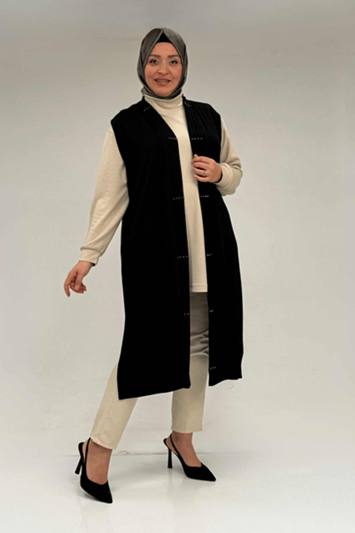 D-54005 Büyük Beden Patı Pileli Giy Çık Yelek - Siyah