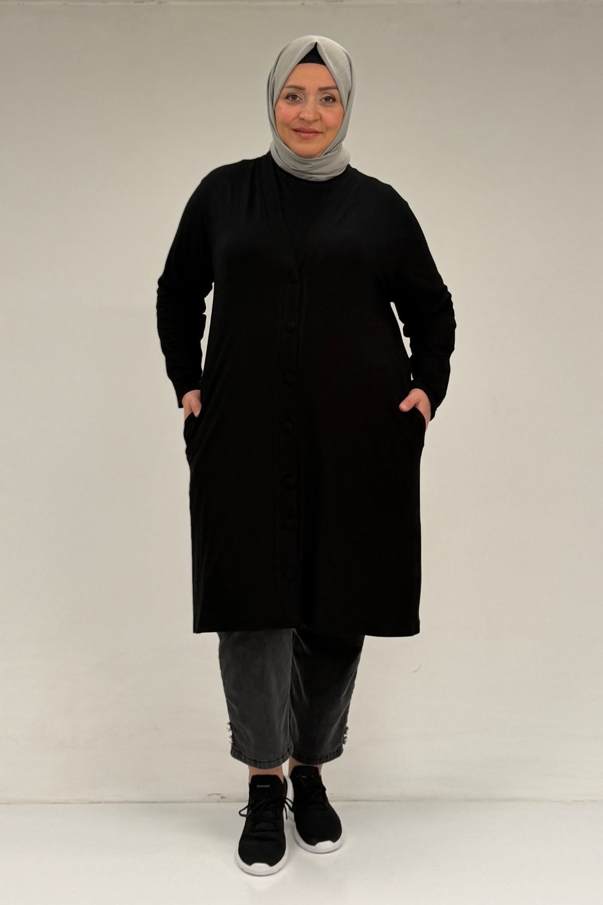 D-63005 Büyük Beden Kaplama Düğme Detaylı Penye Ceket - Siyah