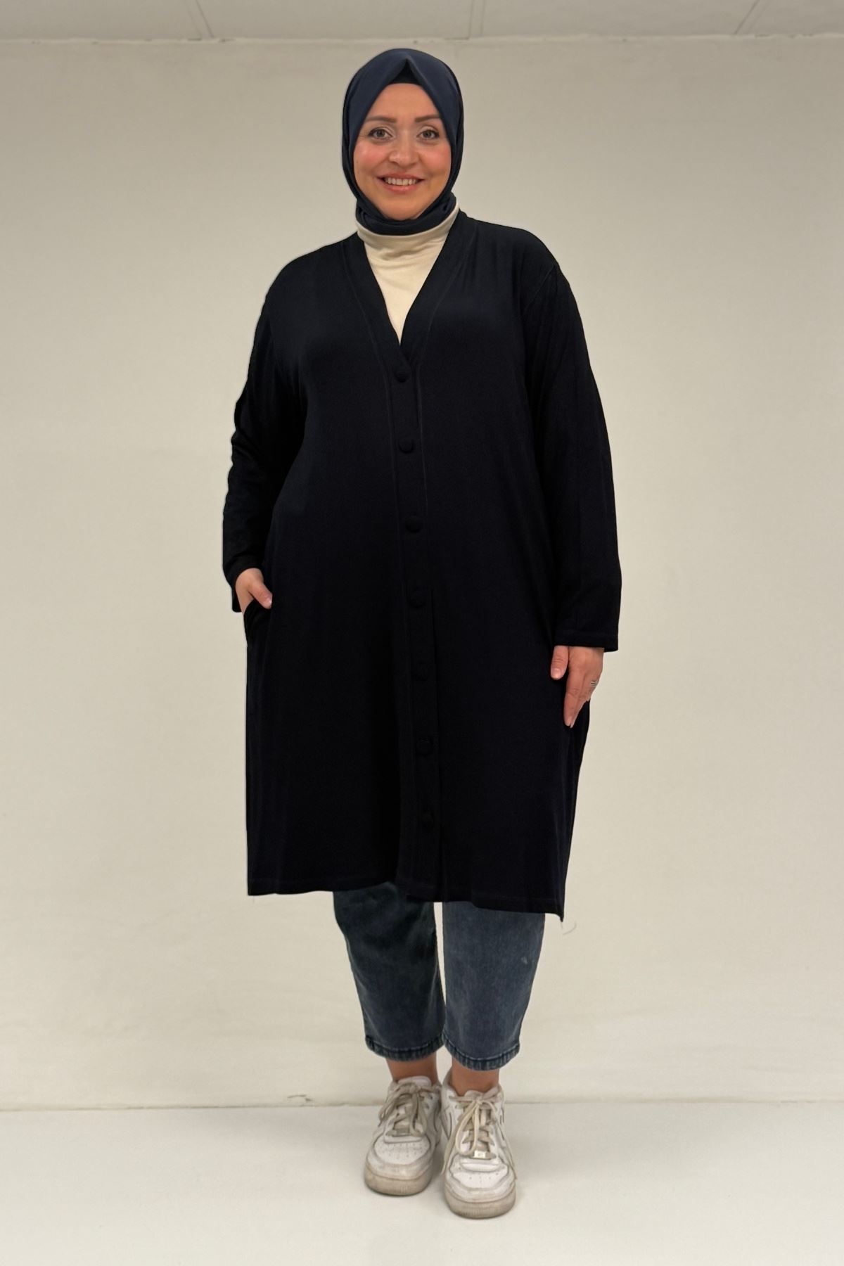 D-63005 Büyük Beden Kaplama Düğme Detaylı Penye Ceket - Lacivert