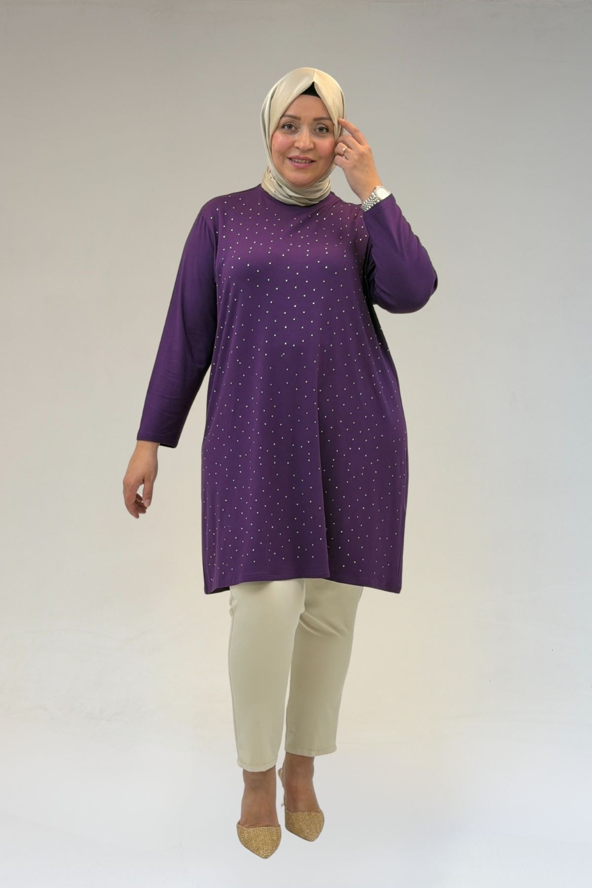 68001 Büyük Beden Önü Taş Baskı Detaylı Penye Tunik - Mürdüm