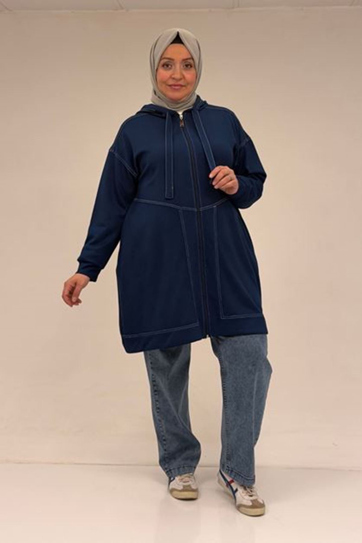 D-53075 Büyük Beden Dikiş Detaylı Fermuarlı Modal Ceket - İndigo