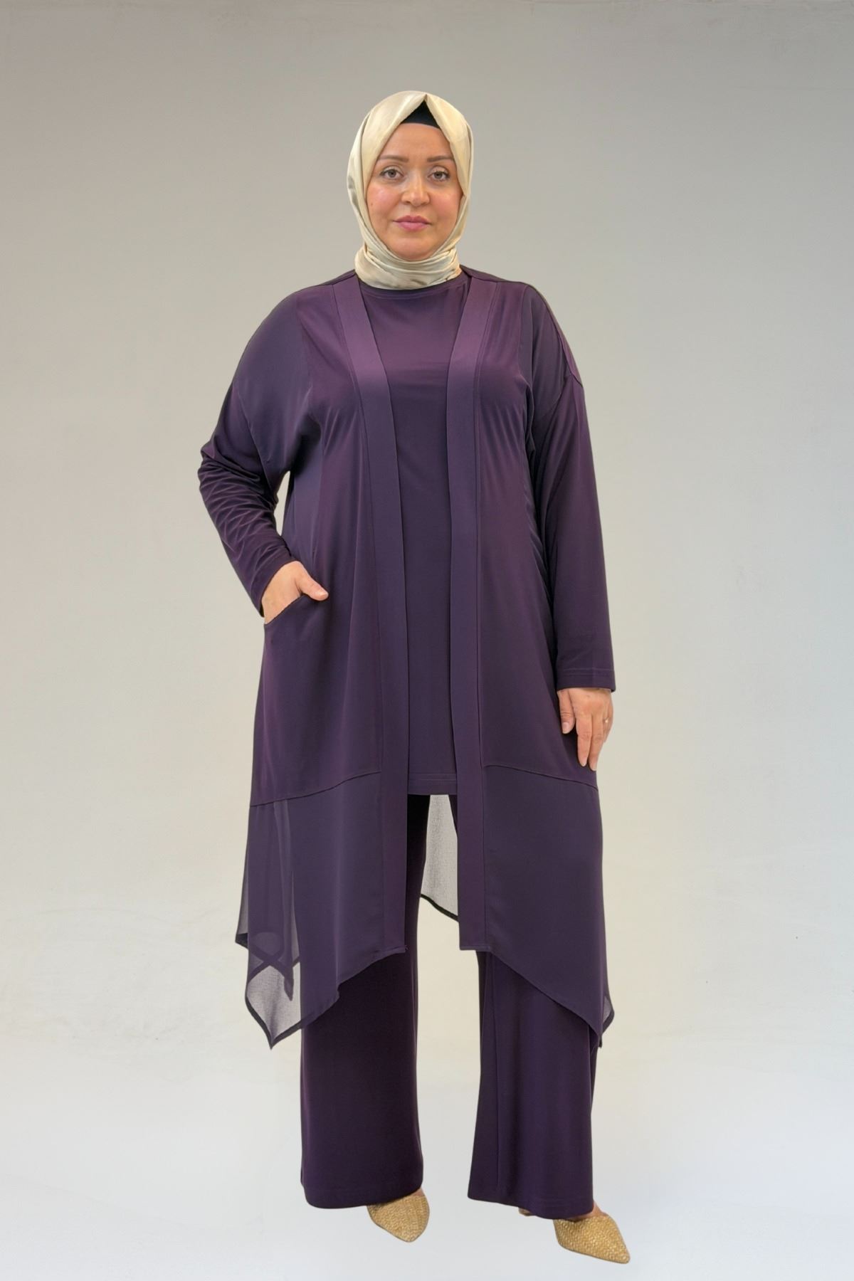 67302 Büyük Beden Üçlü Sandy - Şifon Pantolonlu Takım - Mor