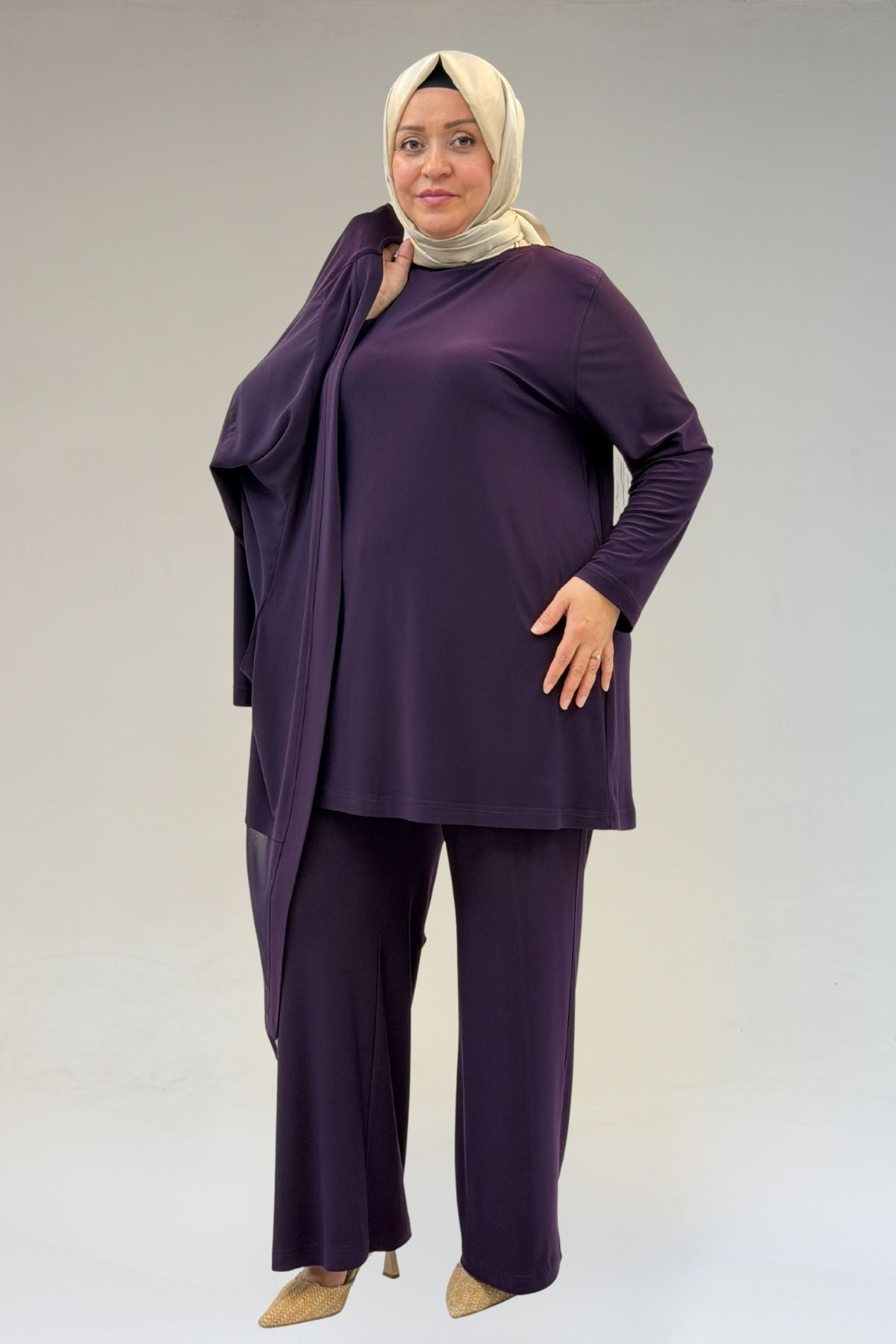 67302 Büyük Beden Üçlü Sandy - Şifon Pantolonlu Takım - Mor