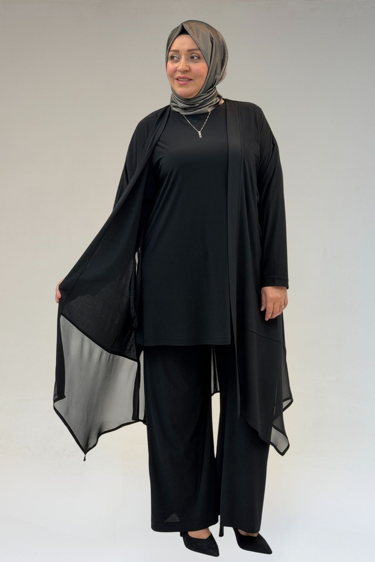 67302 Büyük Beden Üçlü Sandy - Şifon Pantolonlu Takım - Siyah