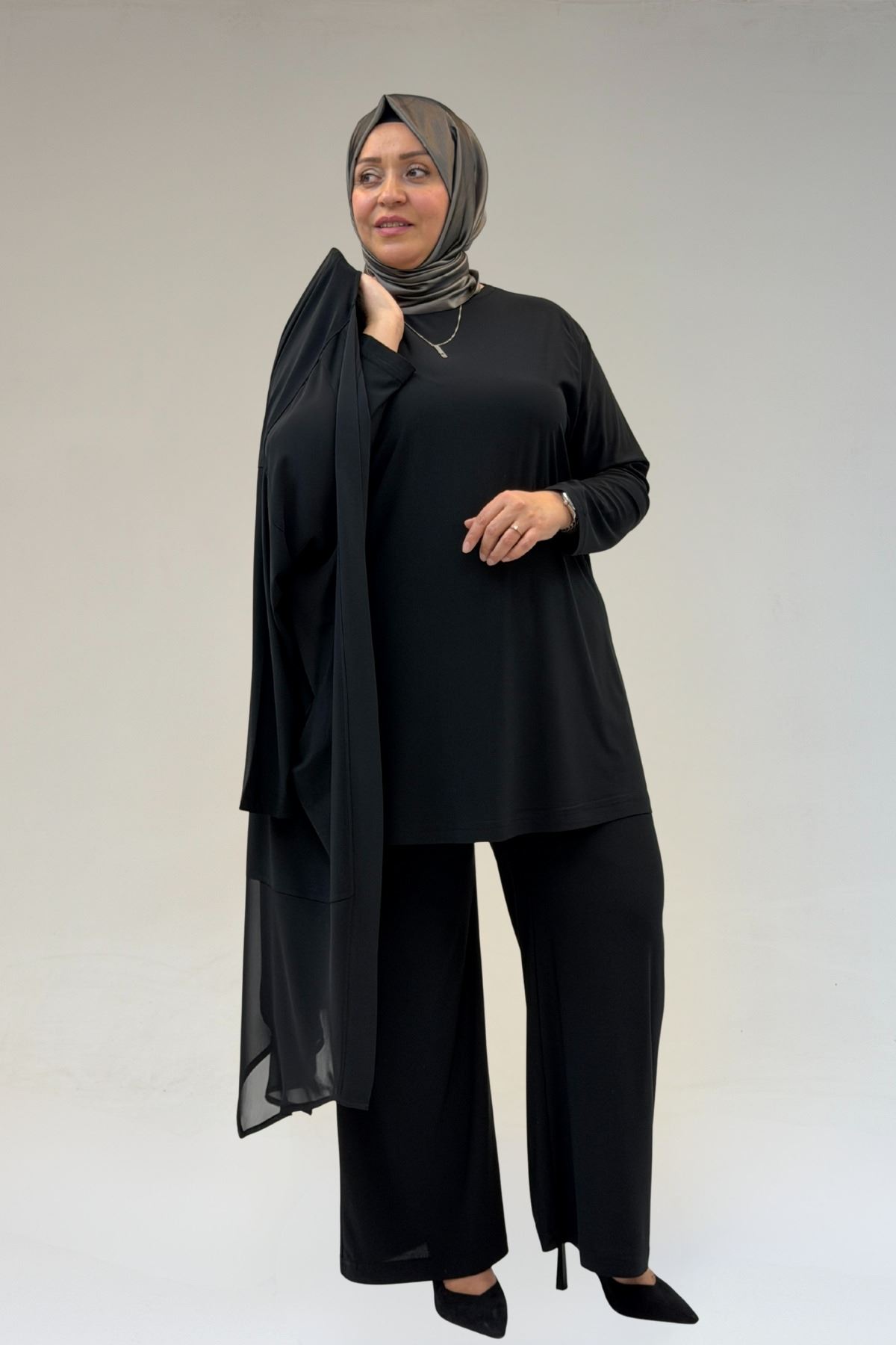 67302 Büyük Beden Üçlü Sandy - Şifon Pantolonlu Takım - Siyah