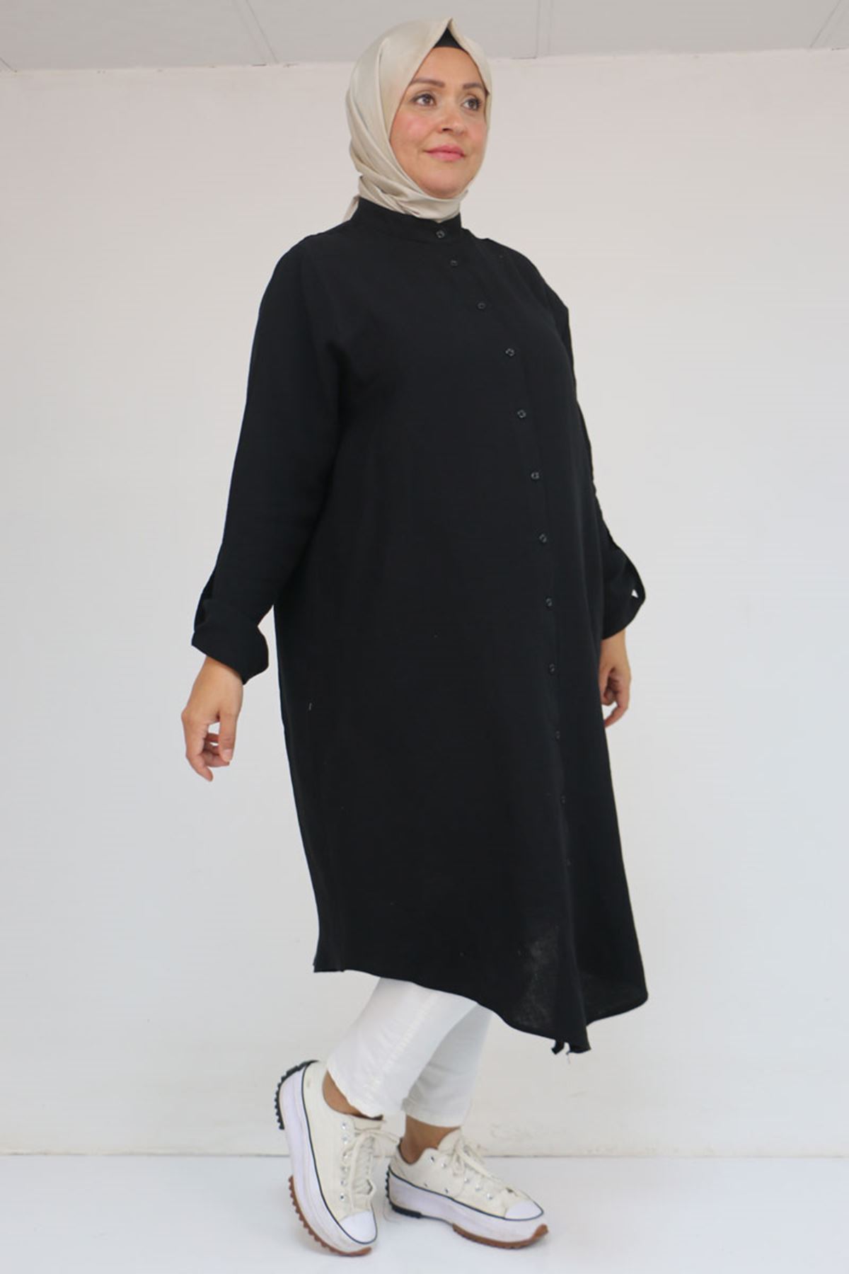 58092 Büyük Beden  Çift Düğme Detaylı Müslin Gömlek - Siyah