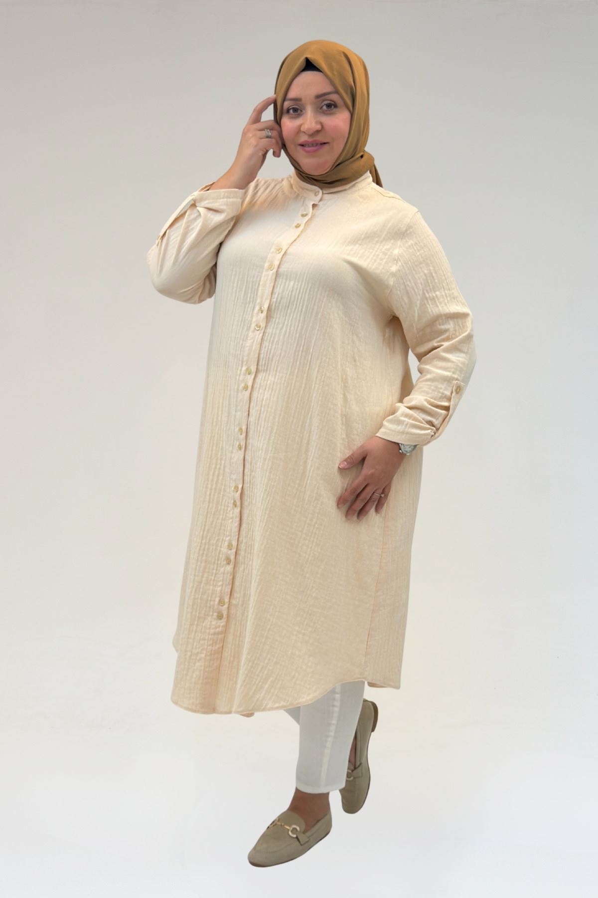 58092 Büyük Beden Çift Düğme Detaylı Müslin Gömlek - Krem