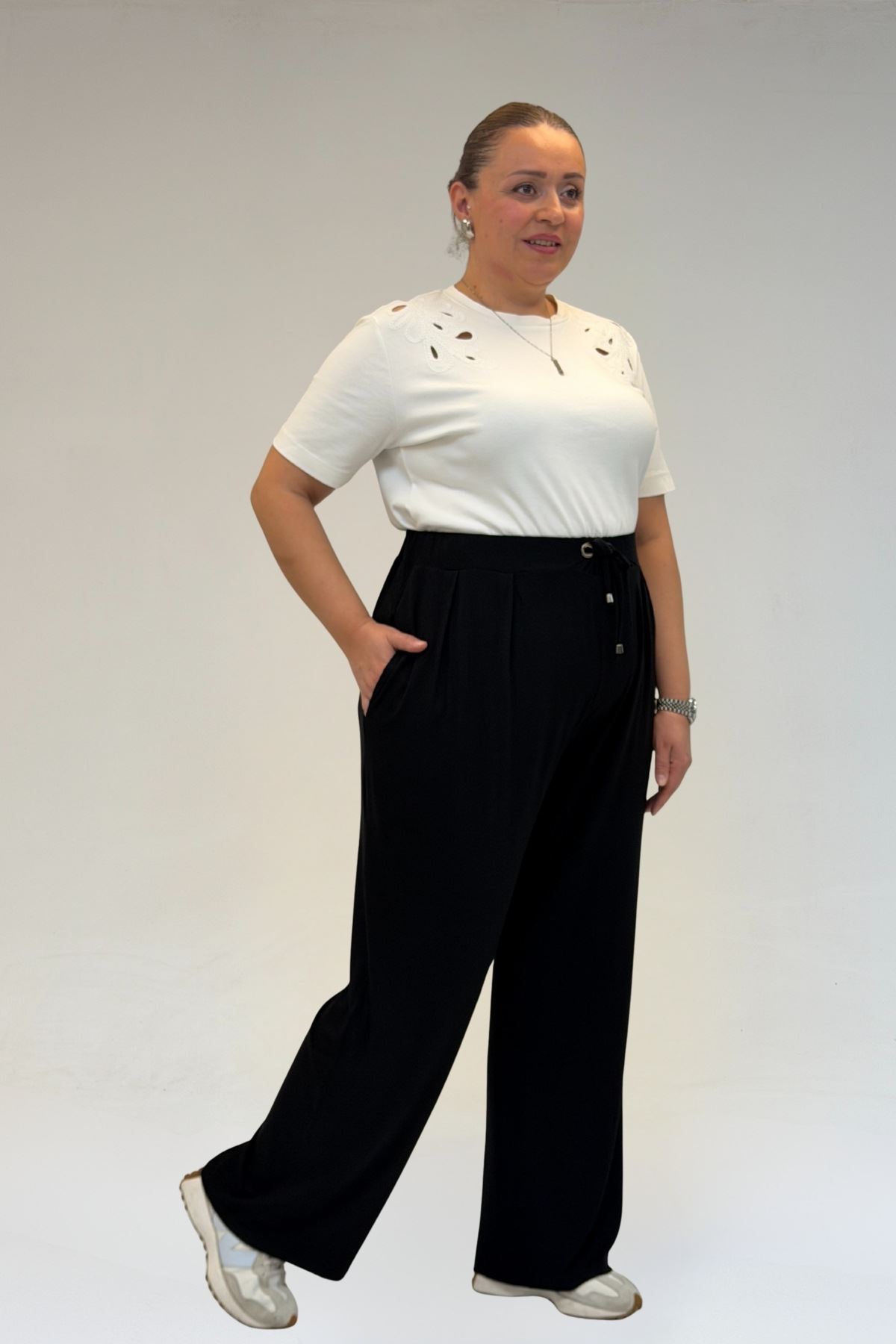 59002 Büyük Beden Pile Detaylı Penye Pantolon - Siyah