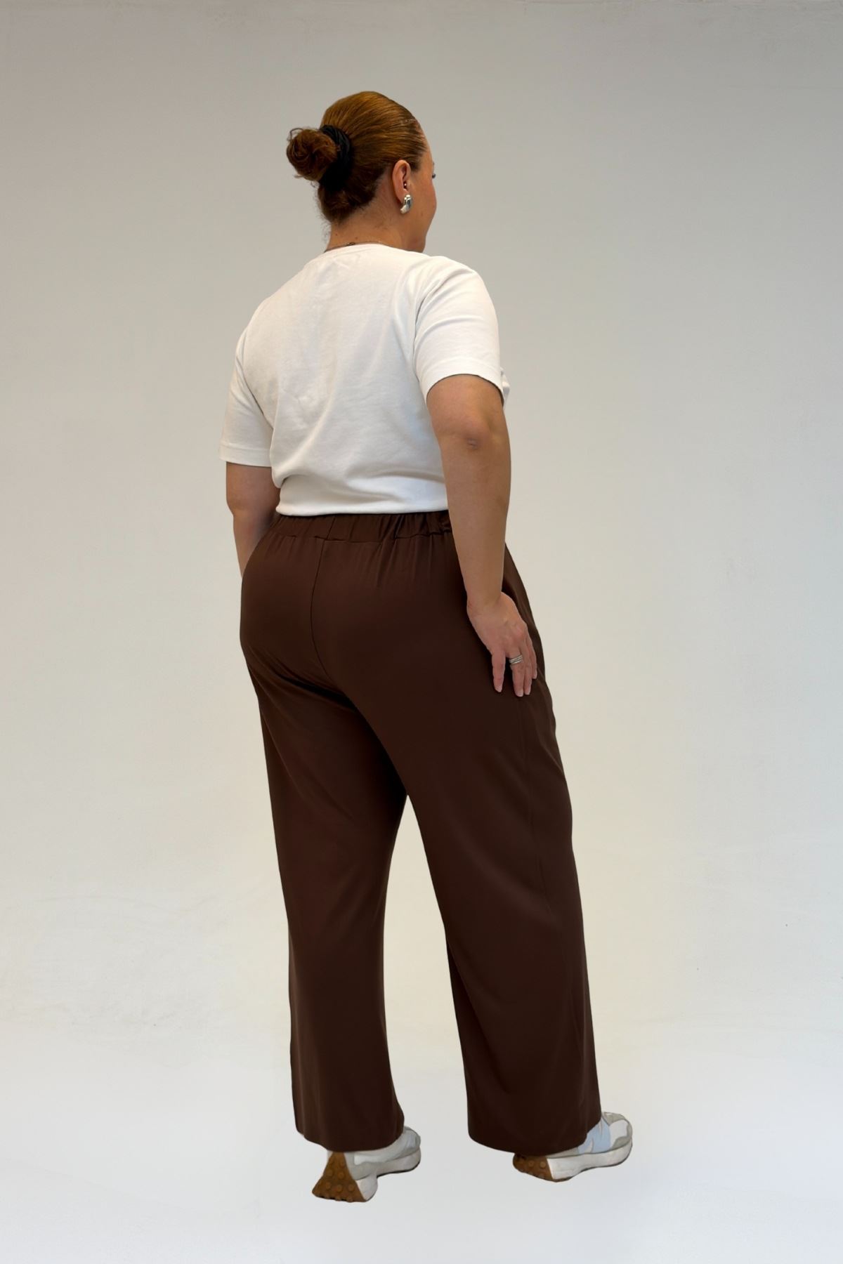 59002 Büyük Beden Pile Detaylı Penye Pantolon - Kahve