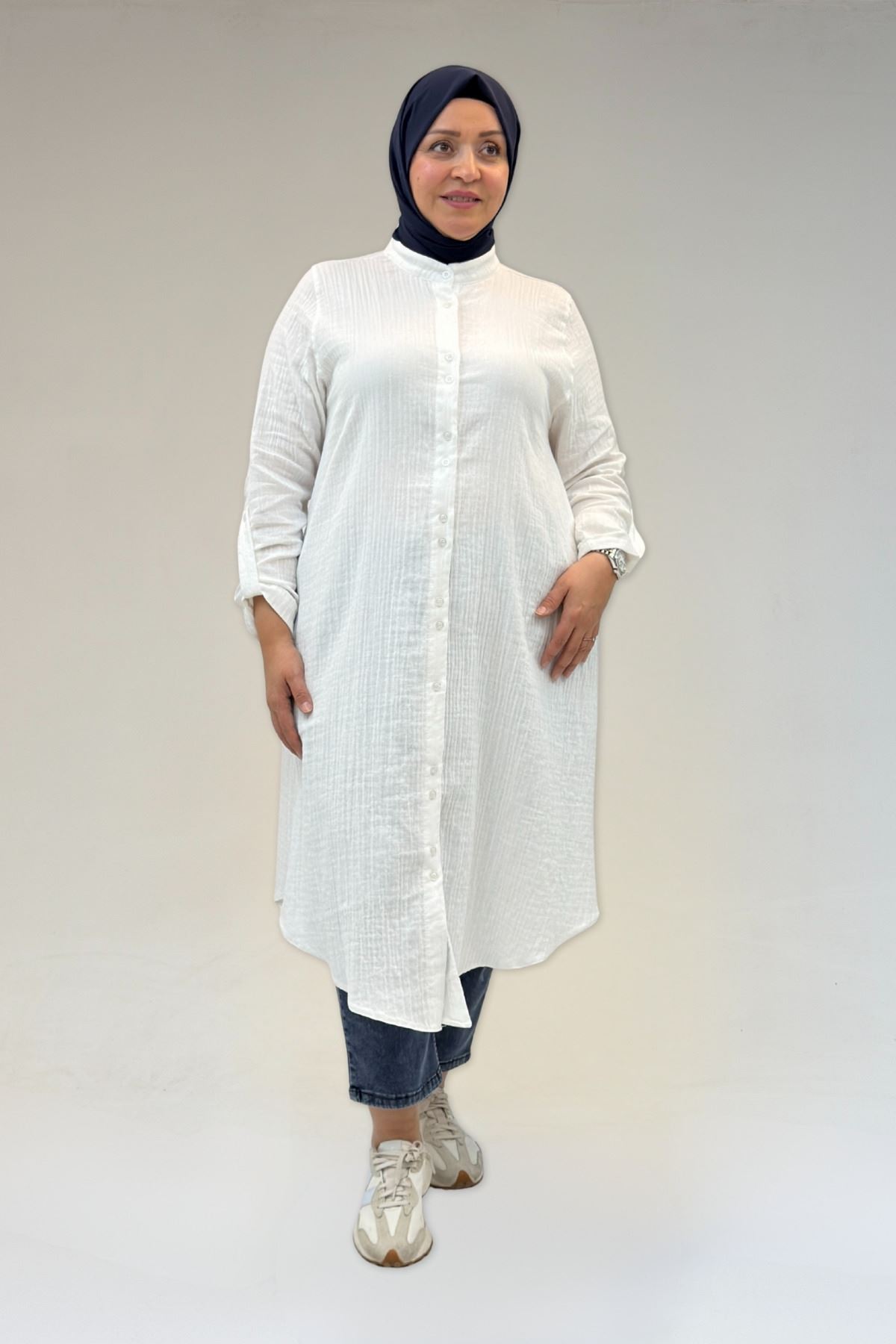 58092 Büyük Beden Çift Düğme Detaylı Müslin Gömlek - Ekru