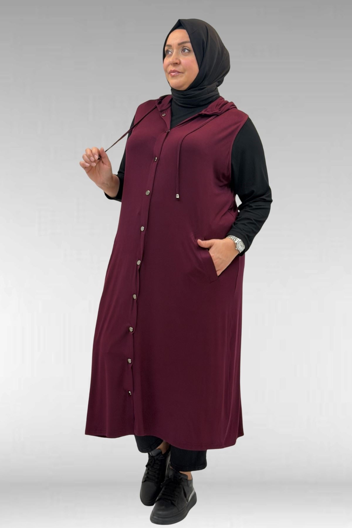 34001 Büyük Beden Çıtçıtlı Kapüşonlu Penye Yelek - Bordo