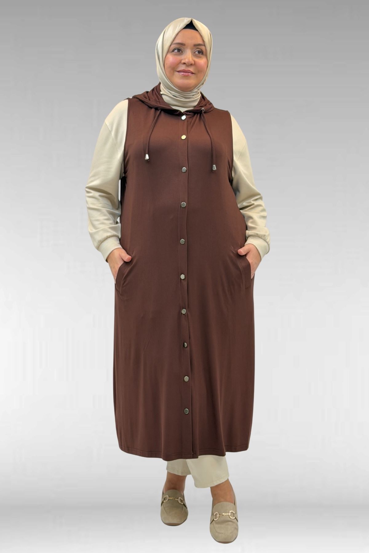 34001 Büyük Beden Çıtçıtlı Kapüşonlu Penye Yelek - Kahverengi