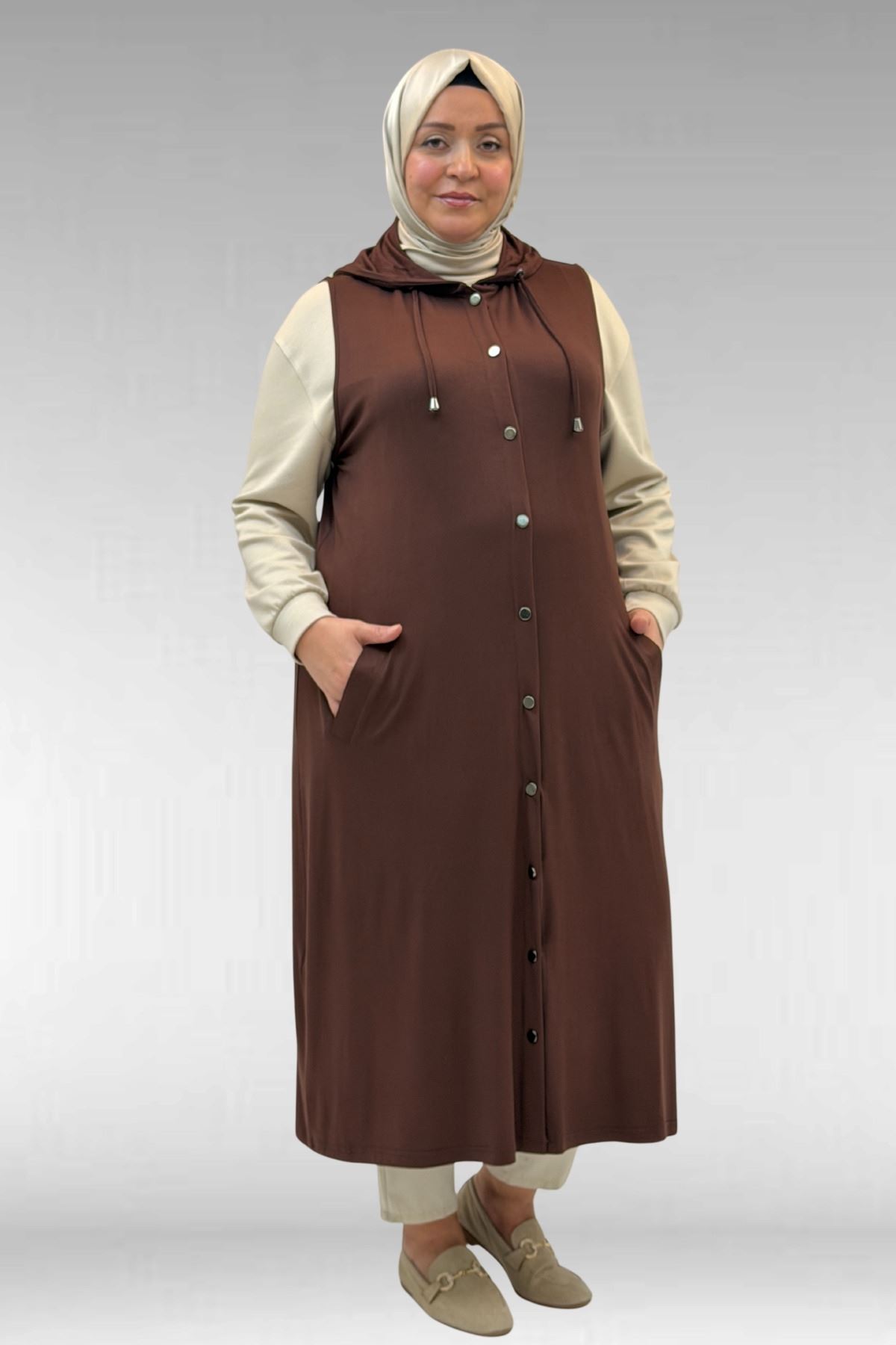 34001 Büyük Beden Çıtçıtlı Kapüşonlu Penye Yelek - Kahverengi