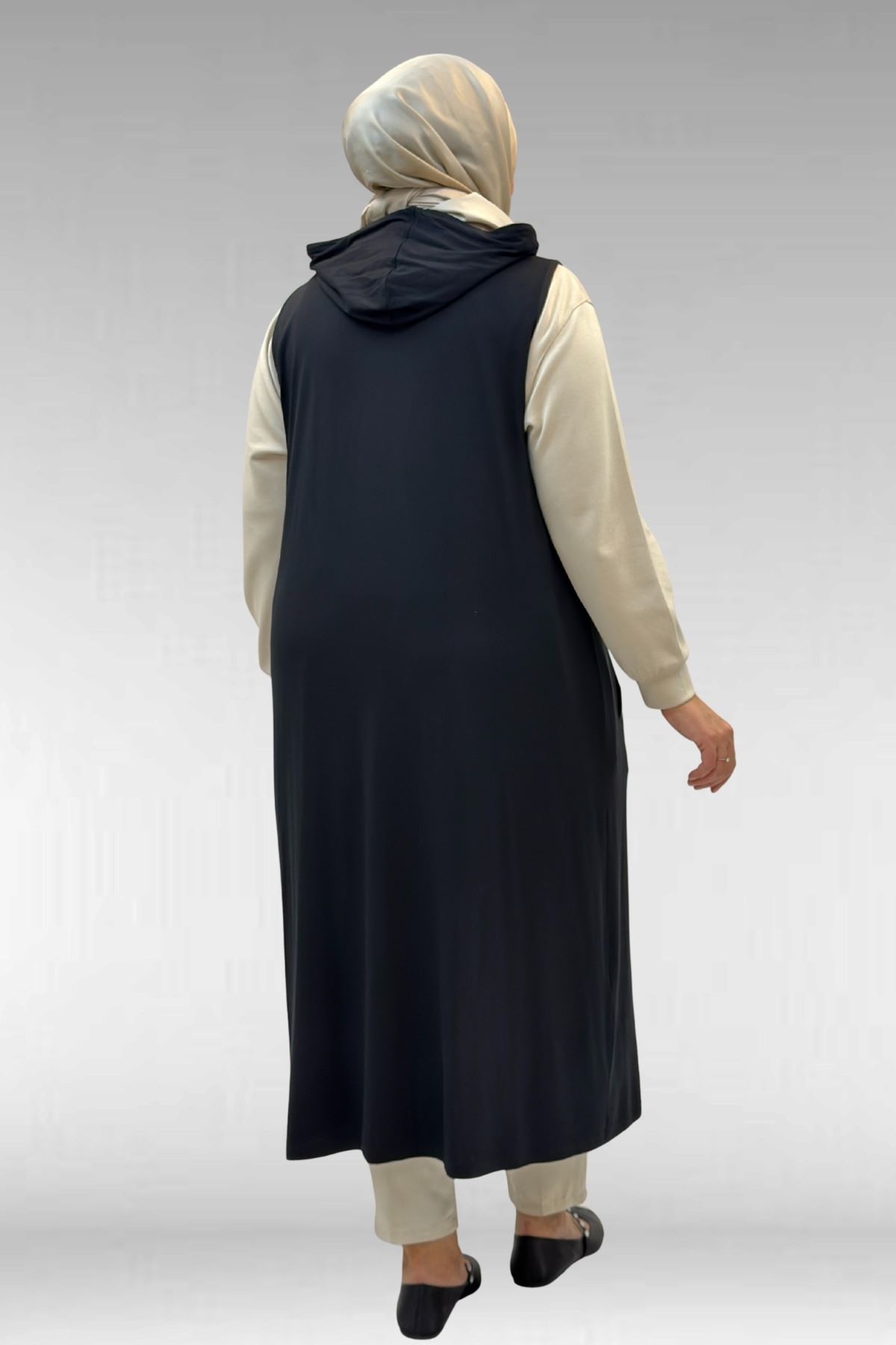 34001 Büyük Beden Çıtçıtlı Kapüşonlu Penye Yelek - Siyah