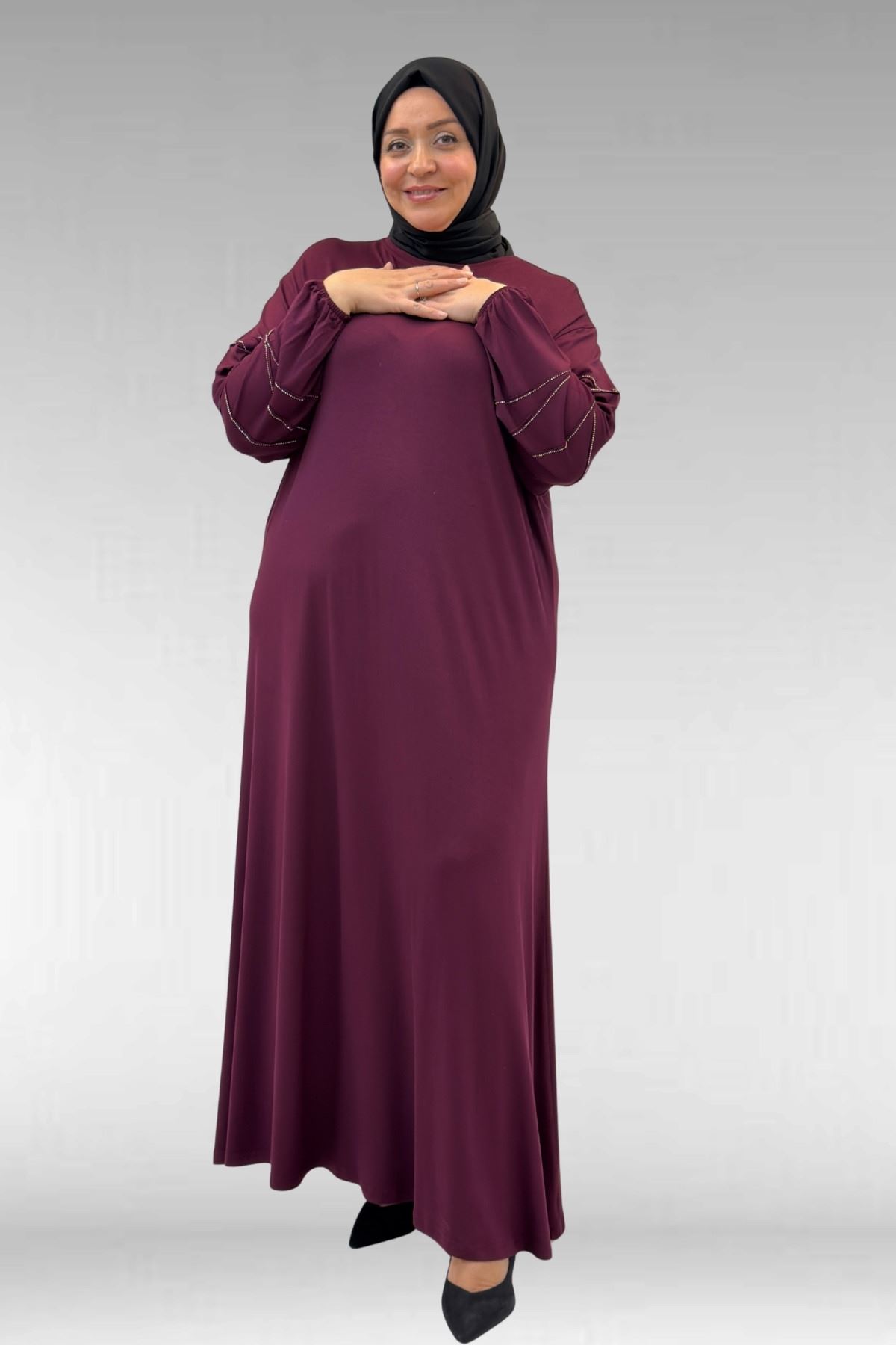 52021 Büyük Beden Çimalı Taş Detaylı Penye Elbise - Bordo