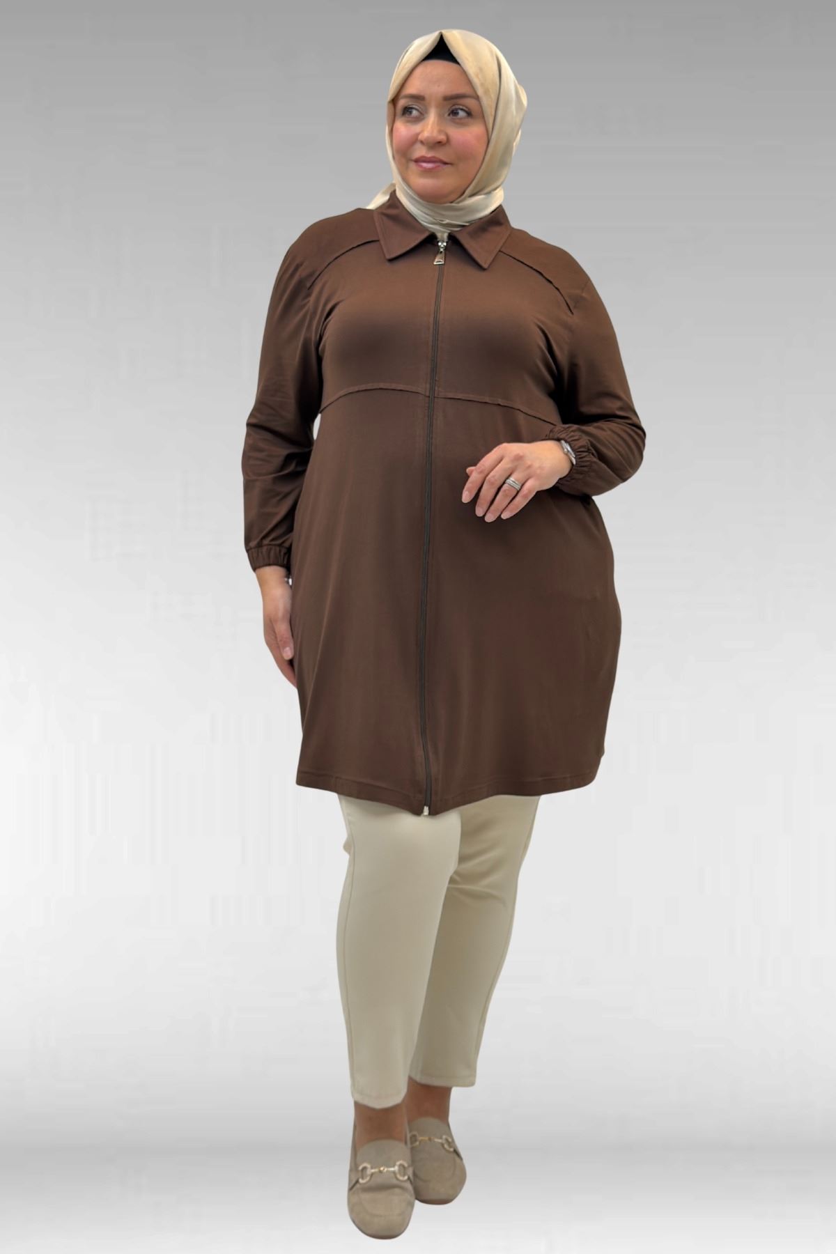 63002 Büyük Beden Fermuarlı Penye Ceket - Kahve