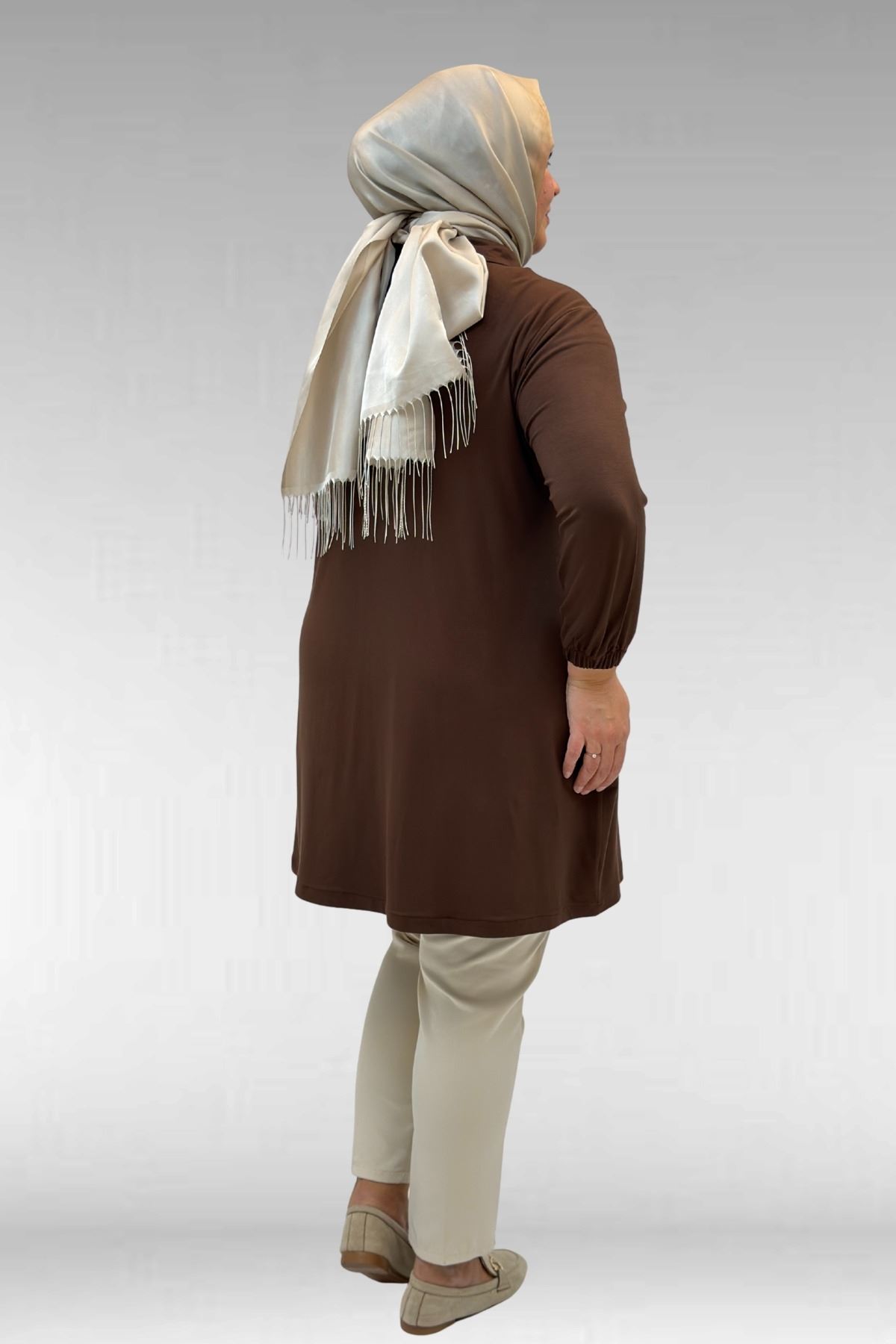 63002 Büyük Beden Fermuarlı Penye Ceket - Kahve