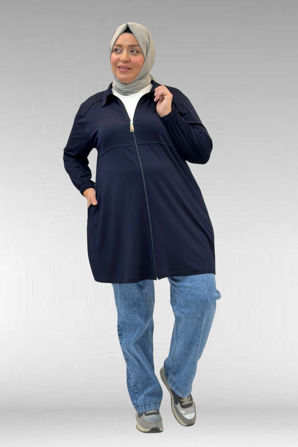 63002 Büyük Beden Fermuarlı Penye Ceket - Lacivert