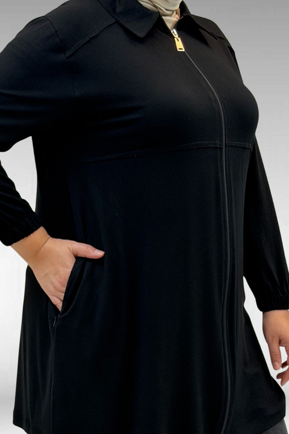 63002 Büyük Beden Fermuarlı  Penye Ceket - Siyah