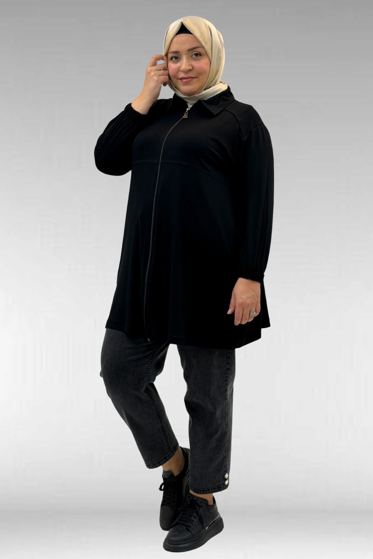 63002 Büyük Beden Fermuarlı  Penye Ceket - Siyah