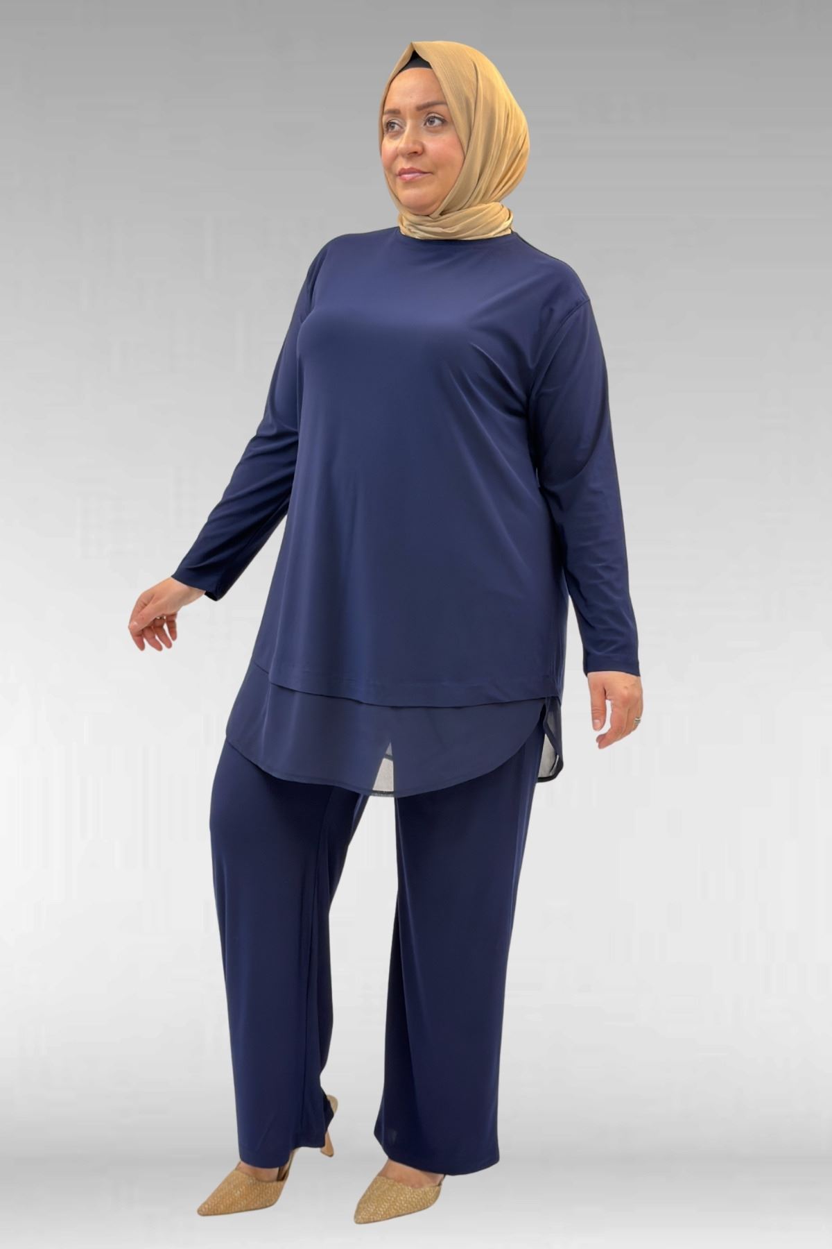 67009 Büyük Beden Etek Ucu Şifon Detaylı Sandy Pantolonlu Takım - Lacivert