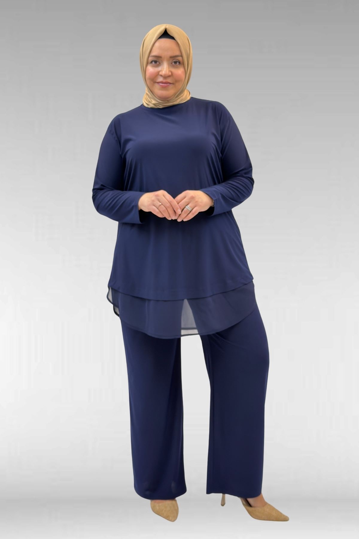 67009 Büyük Beden Etek Ucu Şifon Detaylı Sandy Pantolonlu Takım - Lacivert