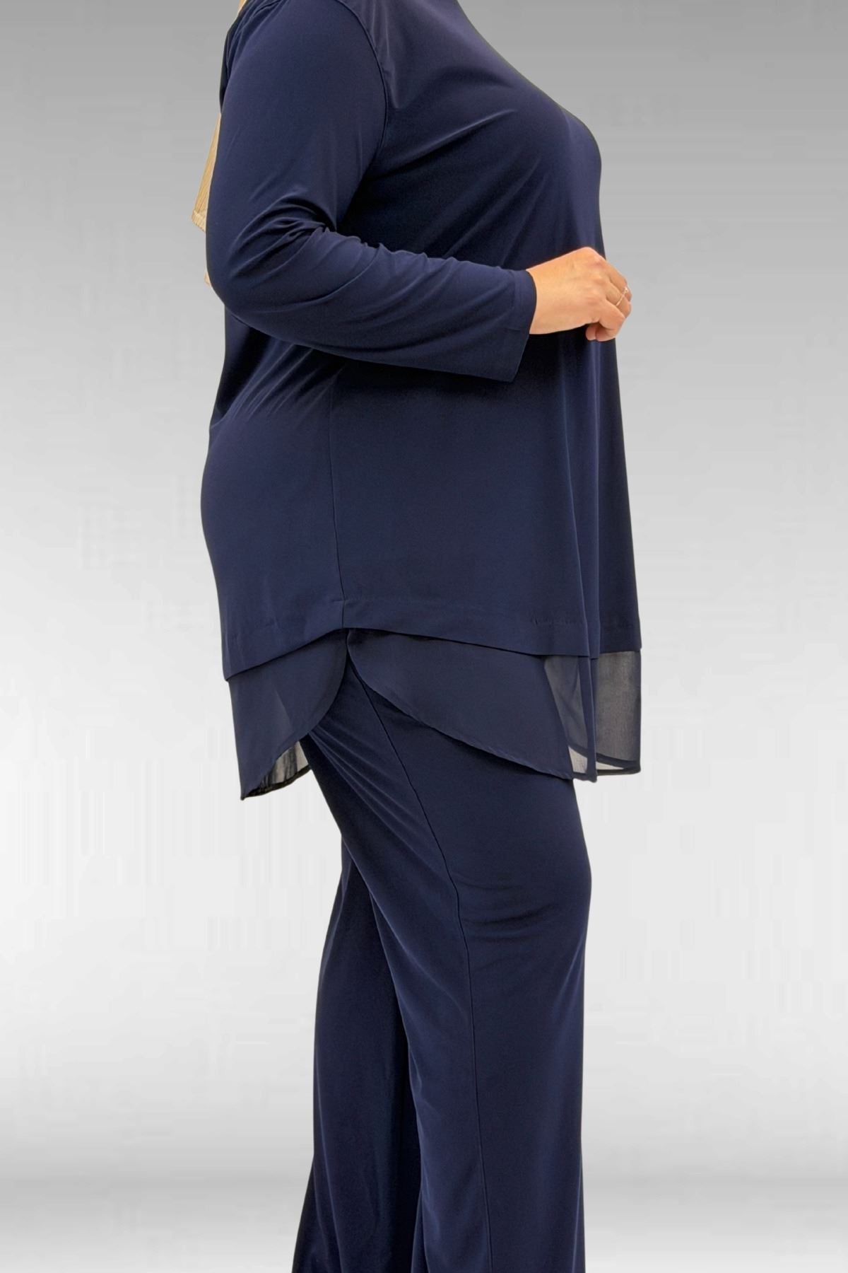 67009 Büyük Beden Etek Ucu Şifon Detaylı Sandy Pantolonlu Takım - Lacivert