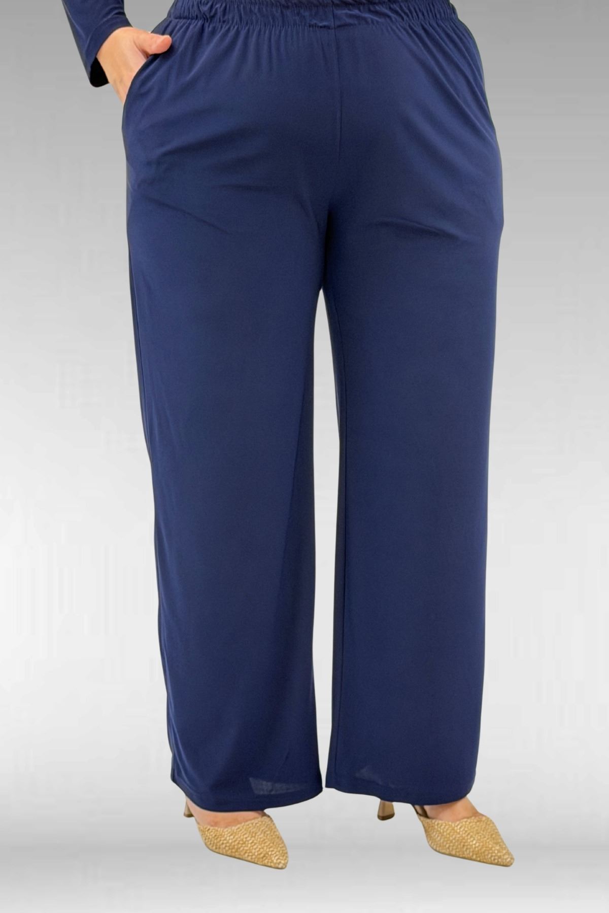 67009 Büyük Beden Etek Ucu Şifon Detaylı Sandy Pantolonlu Takım - Lacivert