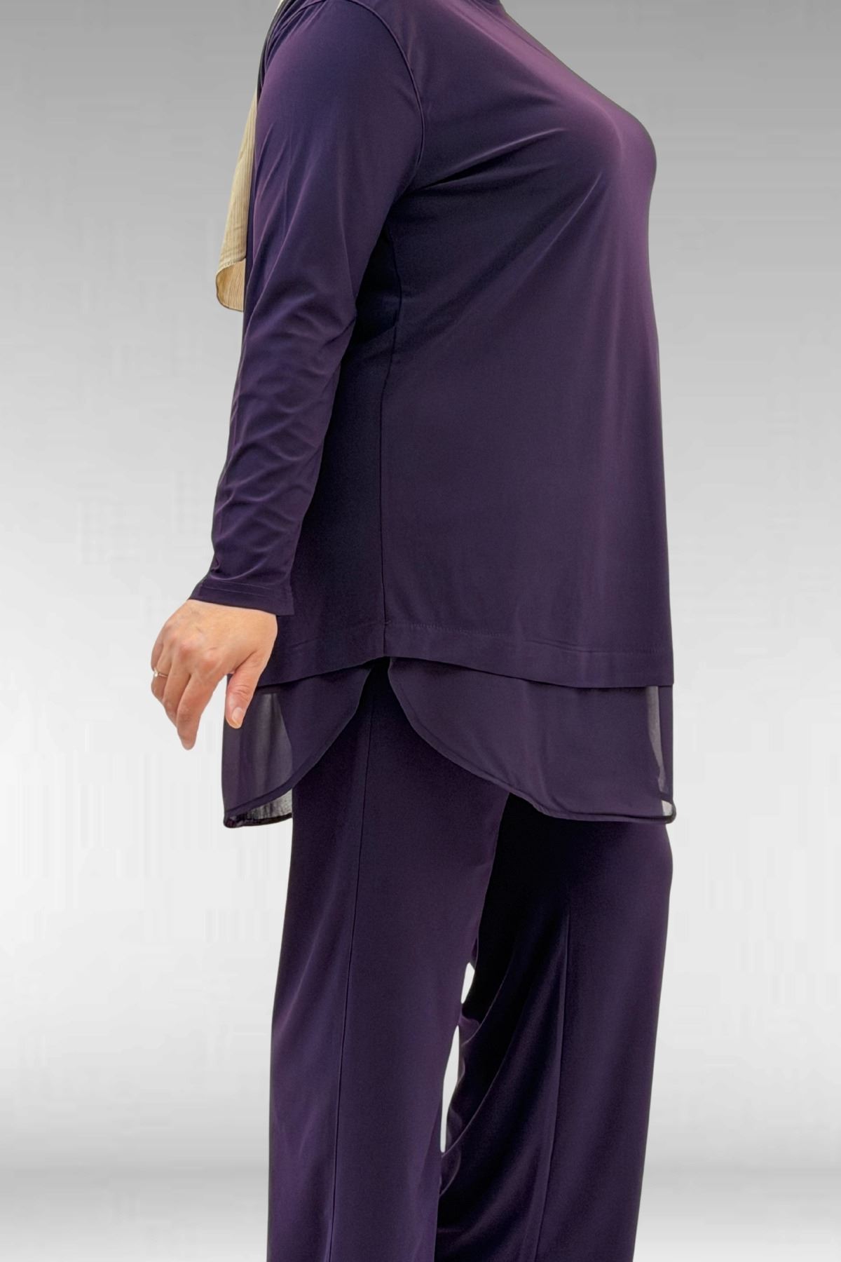 67009 Büyük Beden Etek Ucu Şifon Detaylı Sandy Pantolonlu Takım - Mor