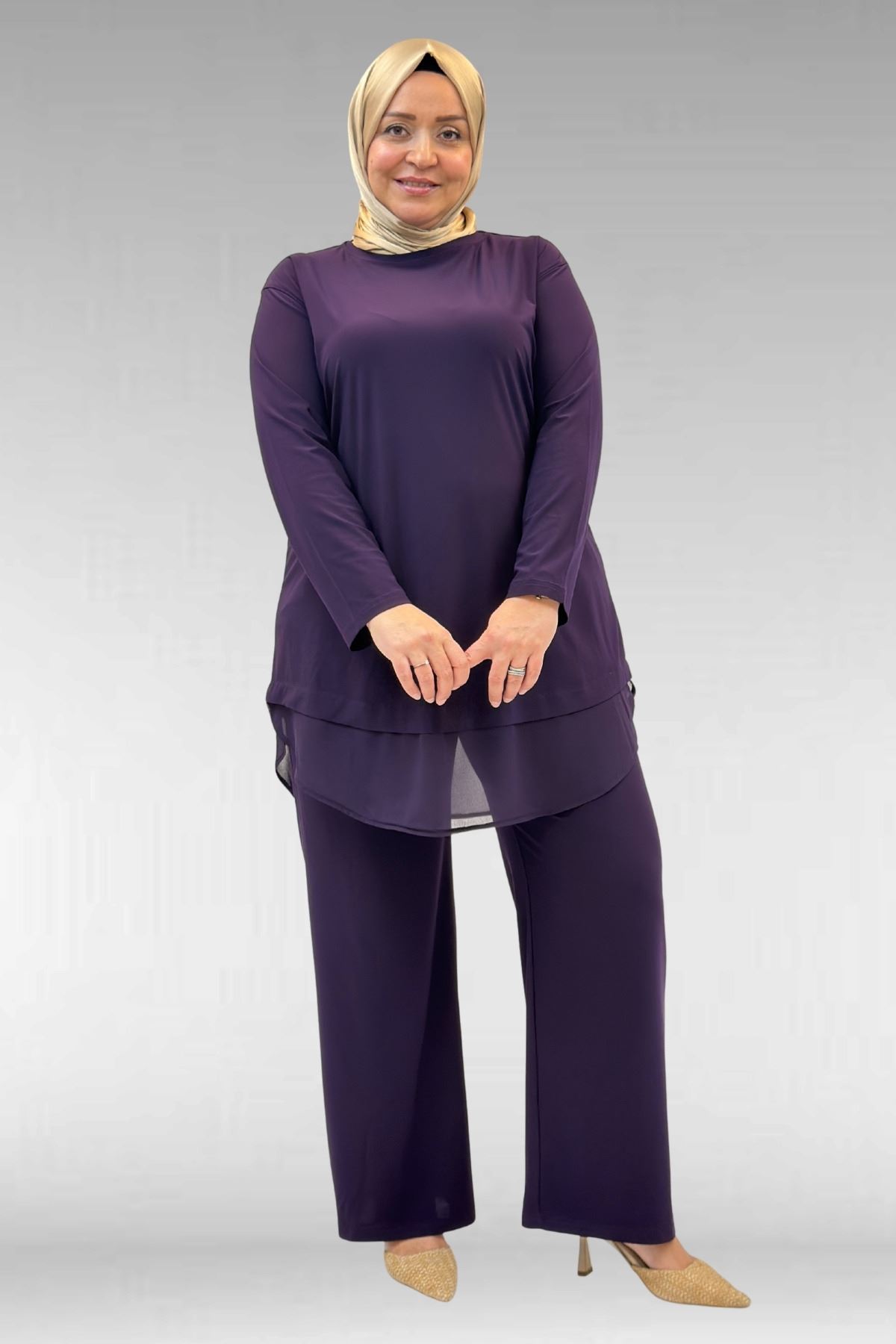 67009 Büyük Beden Etek Ucu Şifon Detaylı Sandy Pantolonlu Takım - Mor