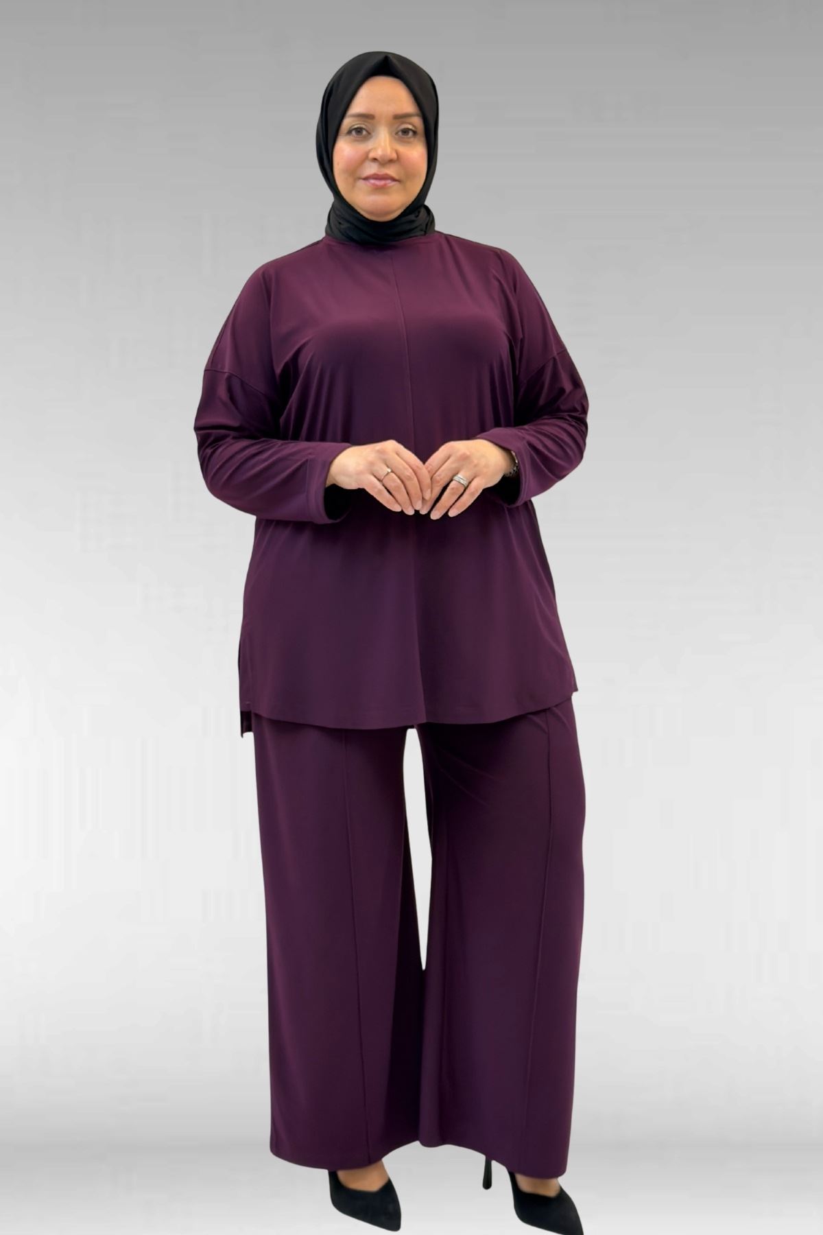 67001 Büyük Beden Kol Manşeti Duble Model Sandy Pantolonlu Takım - Mürdüm