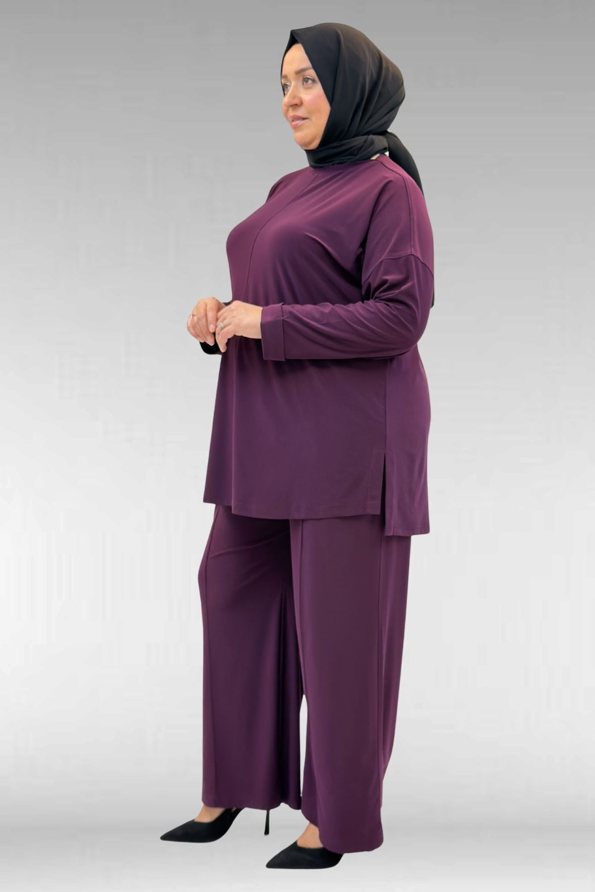 67001 Büyük Beden Kol Manşeti Duble Model Sandy Pantolonlu Takım - Mürdüm