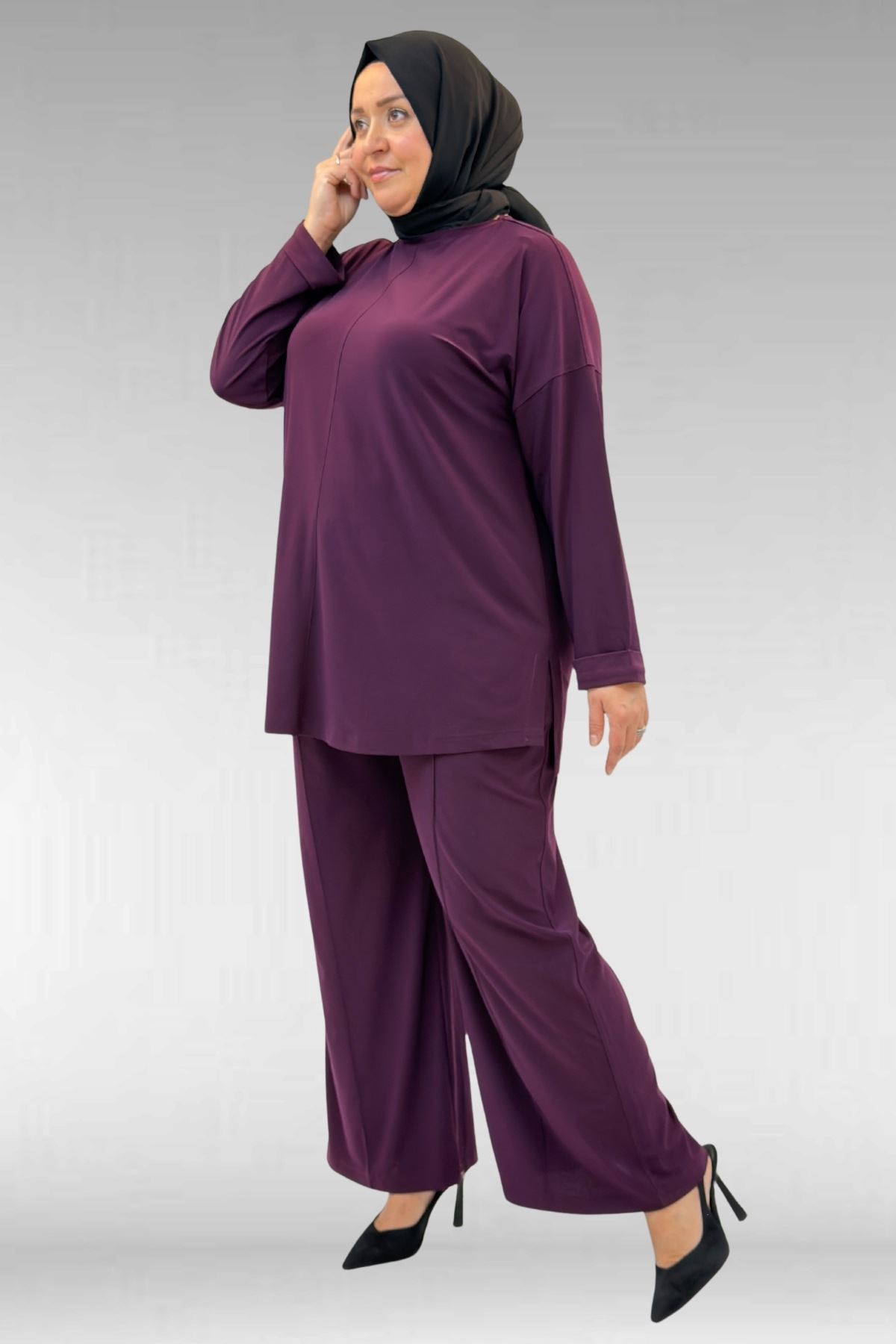 67001 Büyük Beden Kol Manşeti Duble Model Sandy Pantolonlu Takım - Mürdüm