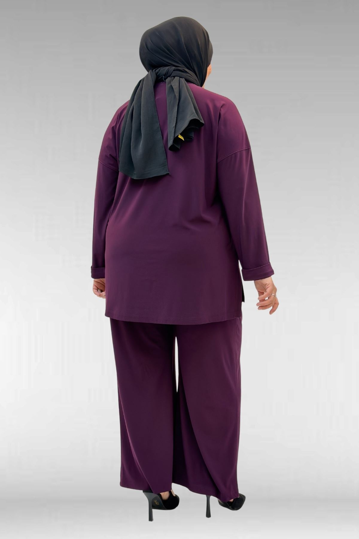 67001 Büyük Beden Kol Manşeti Duble Model Sandy Pantolonlu Takım - Mürdüm