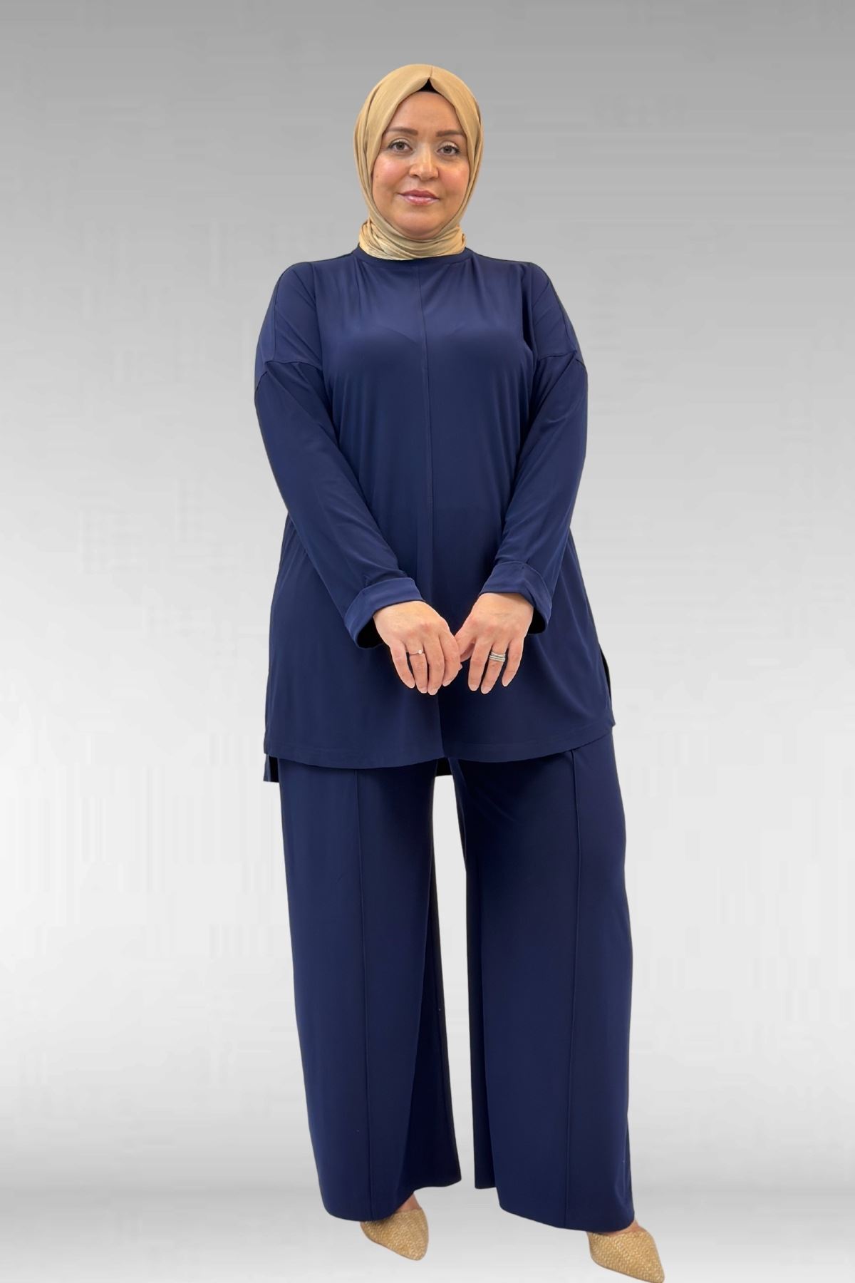67001 Büyük Beden Kol Manşeti Duble Model Sandy Pantolonlu Takım - Lacivert