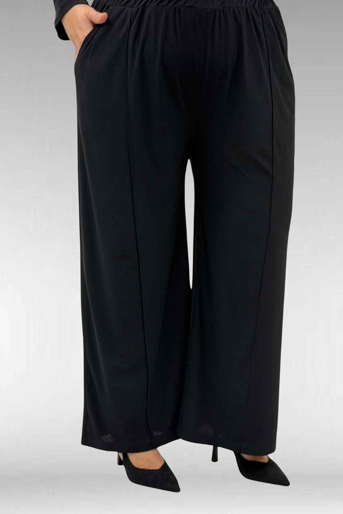 67001 Büyük Beden Kol Manşeti Duble Model Sandy Pantolonlu Takım - Siyah