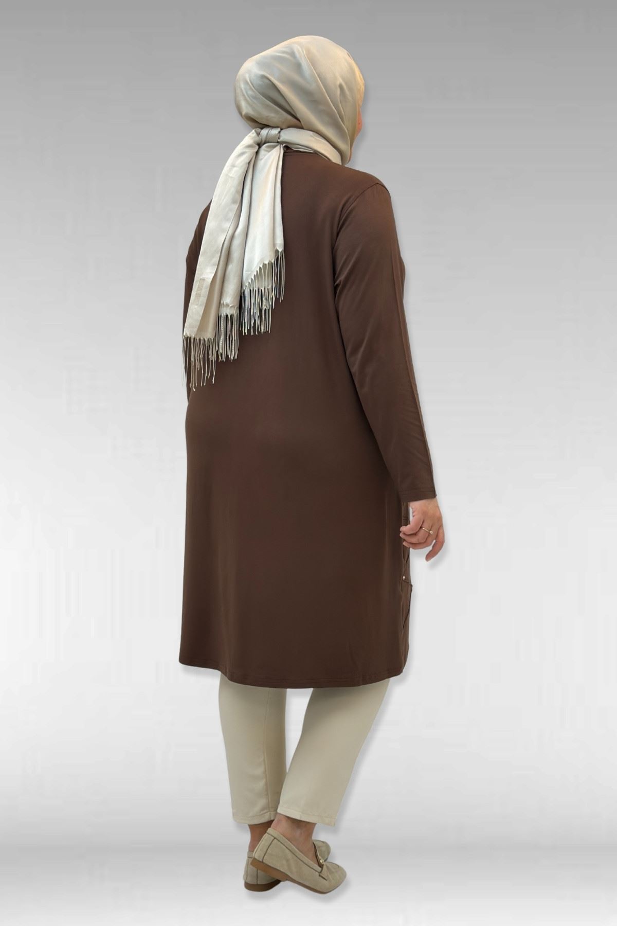 68004 Büyük Beden Çıma Detaylı Penye Tunik - Kahve