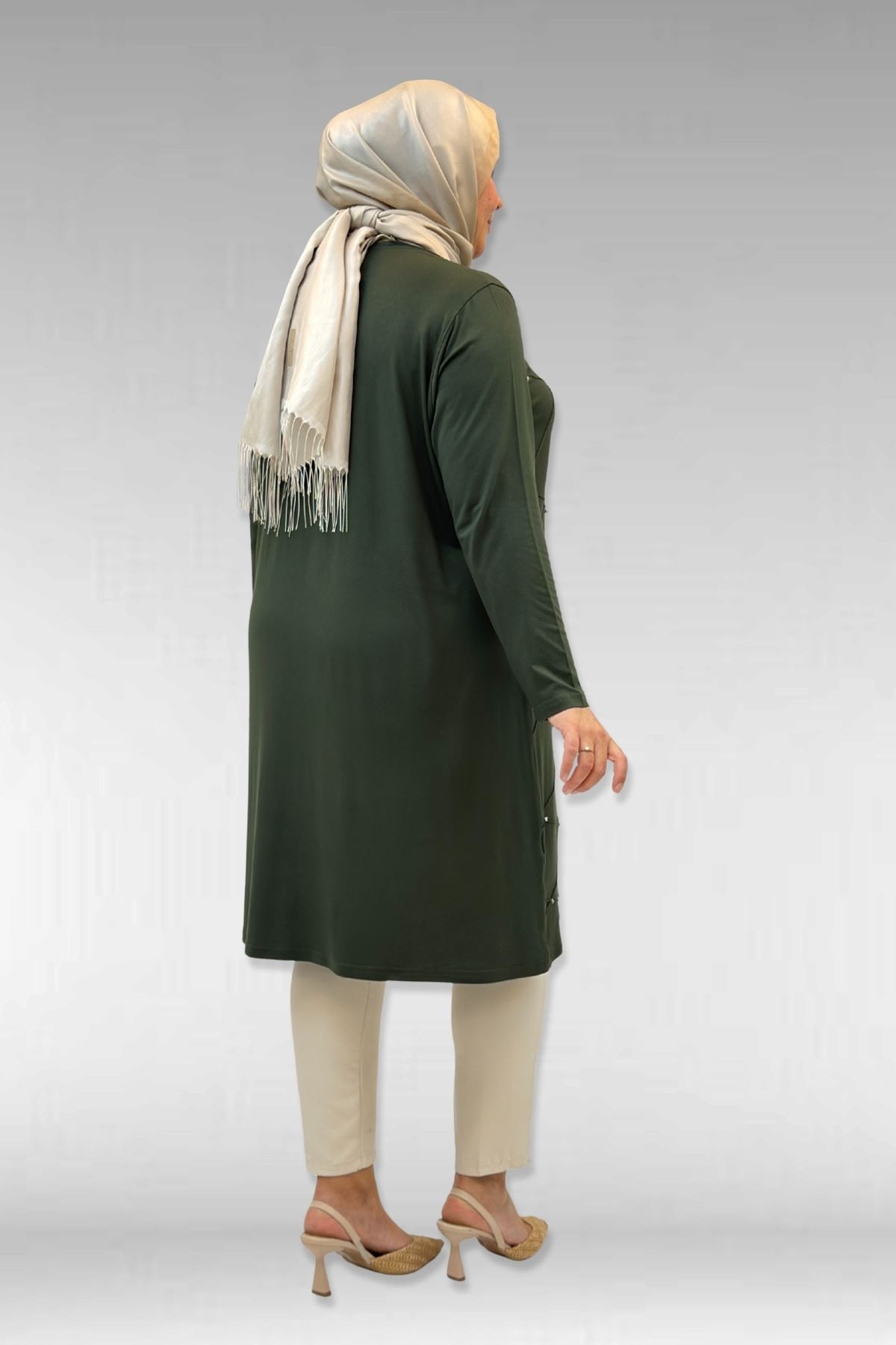 68004 Büyük Beden Çıma Detaylı Penye Tunik - Haki